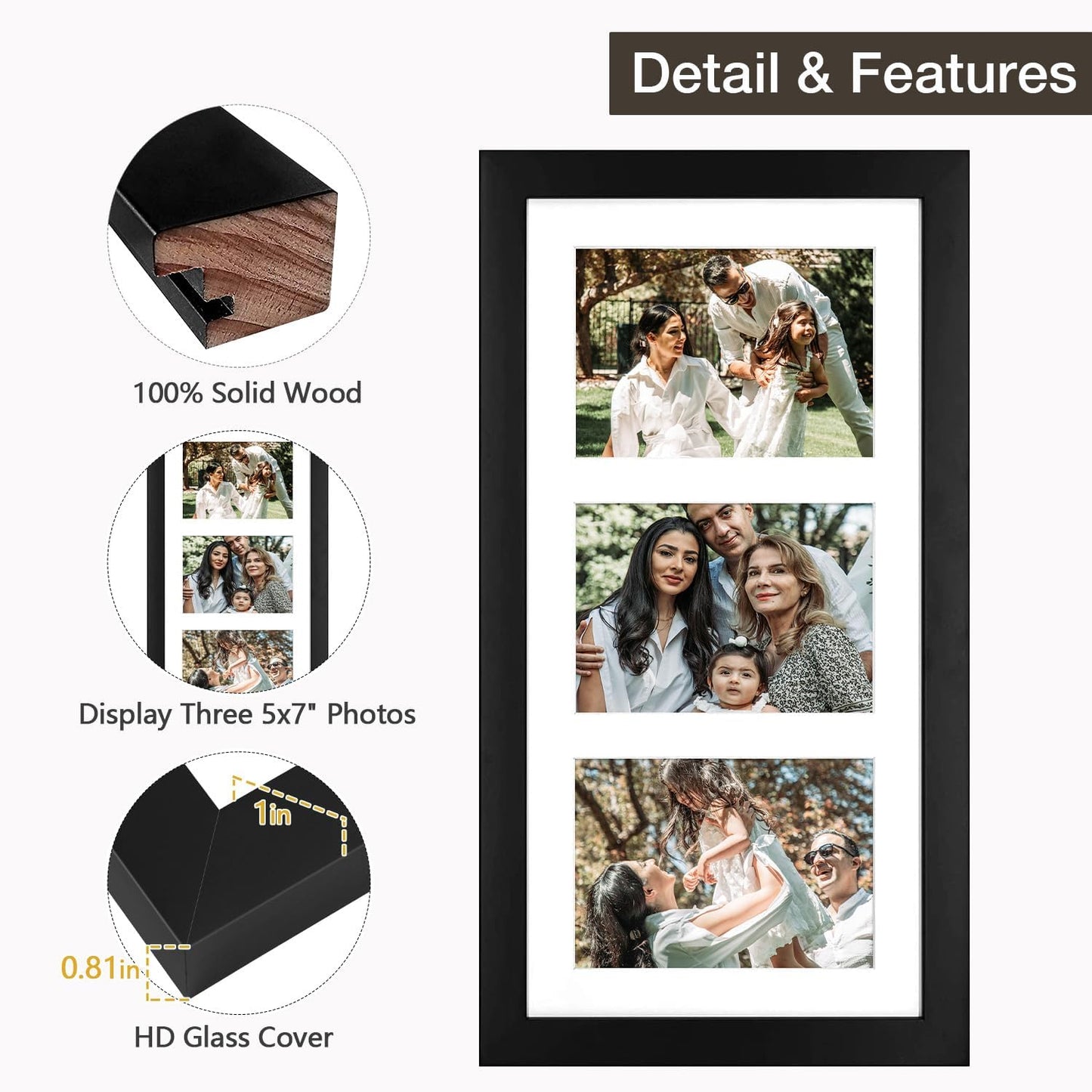 Golden State Art 9x18 Black Wood Frame - for Three 5x7 Pictures, 3 Pack | Matted to 3 5x7 Picture,Solid Wood Collage