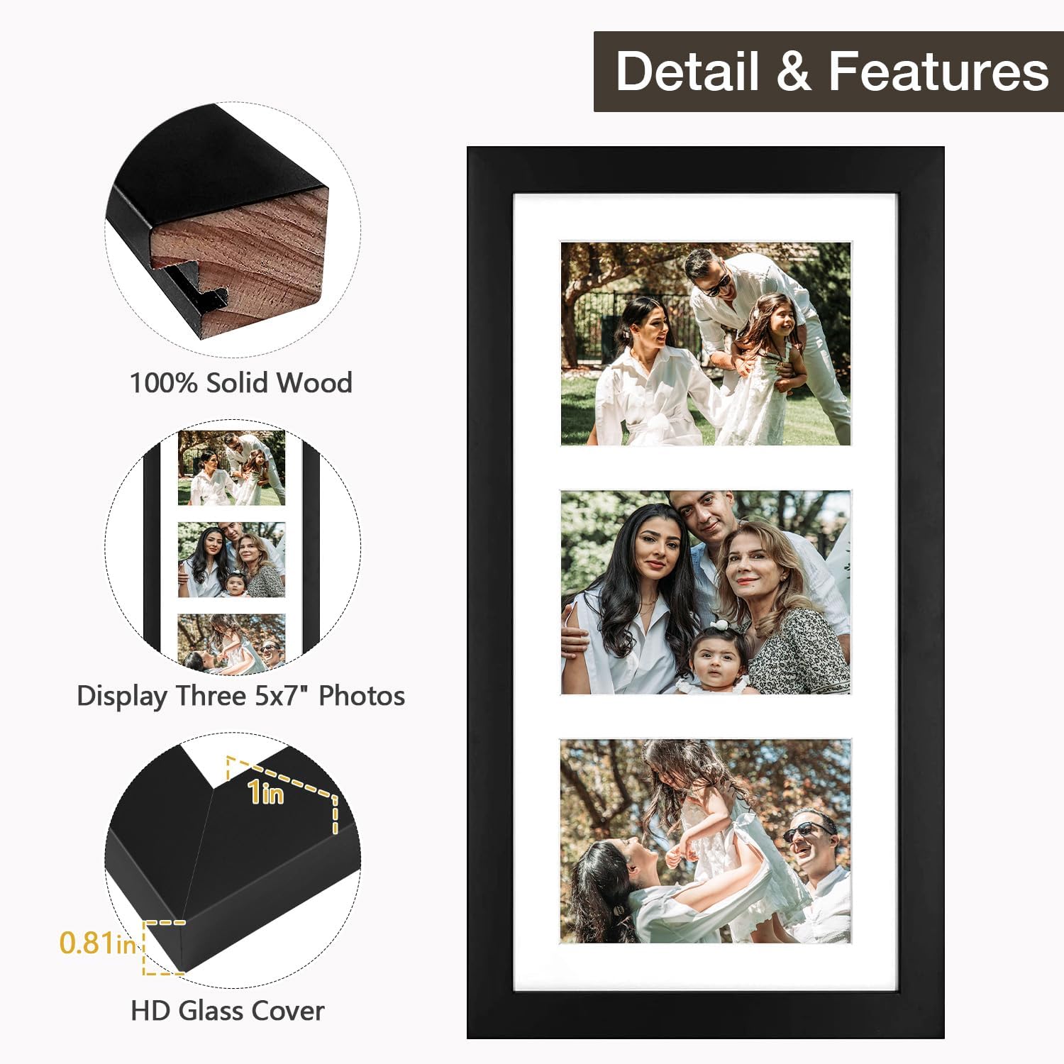 Golden State Art 9x18 Black Wood Frame - for Three 5x7 Pictures, 3 Pack | Matted to 3 5x7 Picture,Solid Wood Collage