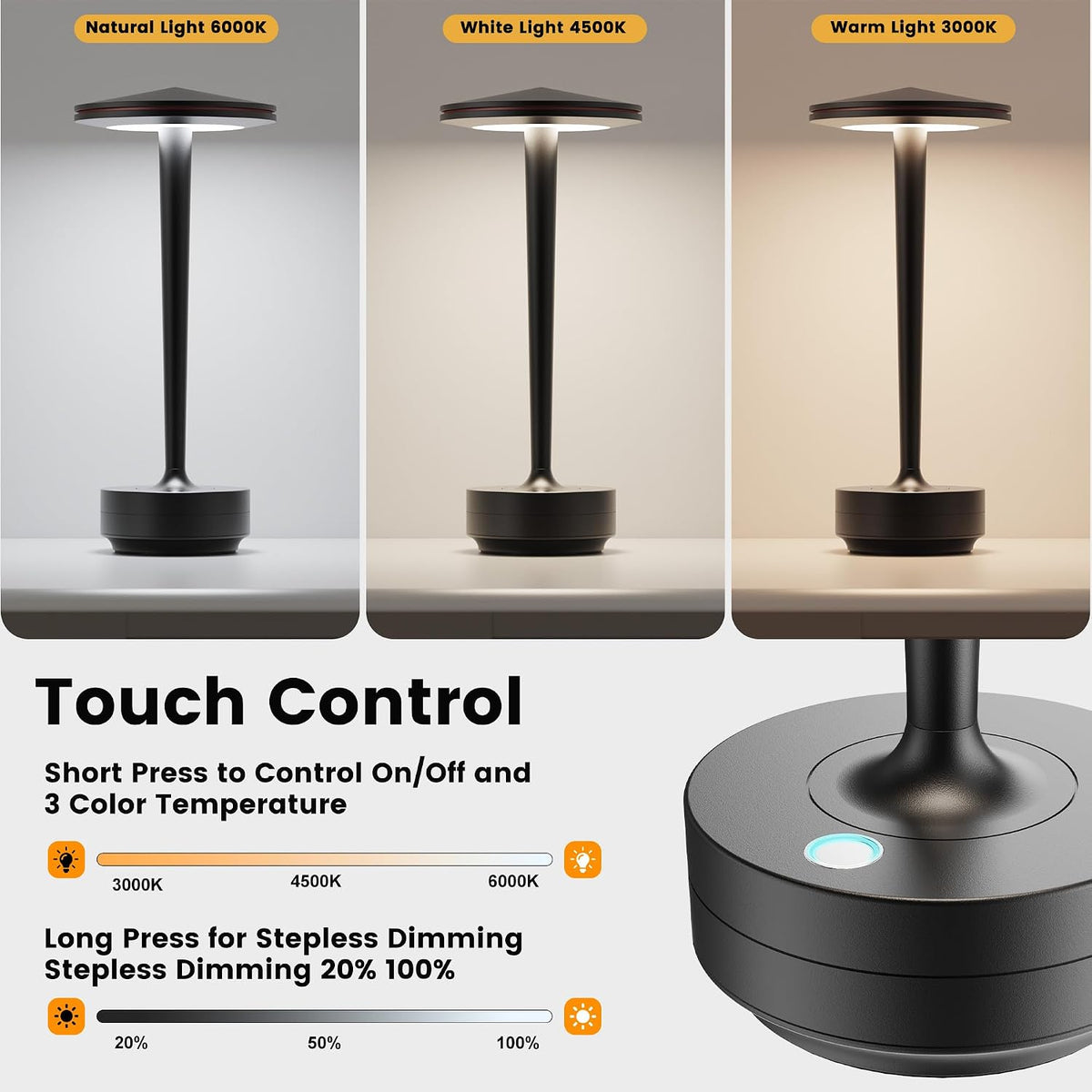 Cordless Rechargeable LED Table Lamp Set of 2 Black | Battery 6000mAh 3 Color Modes&Stepless Dimming Waterproof Metal