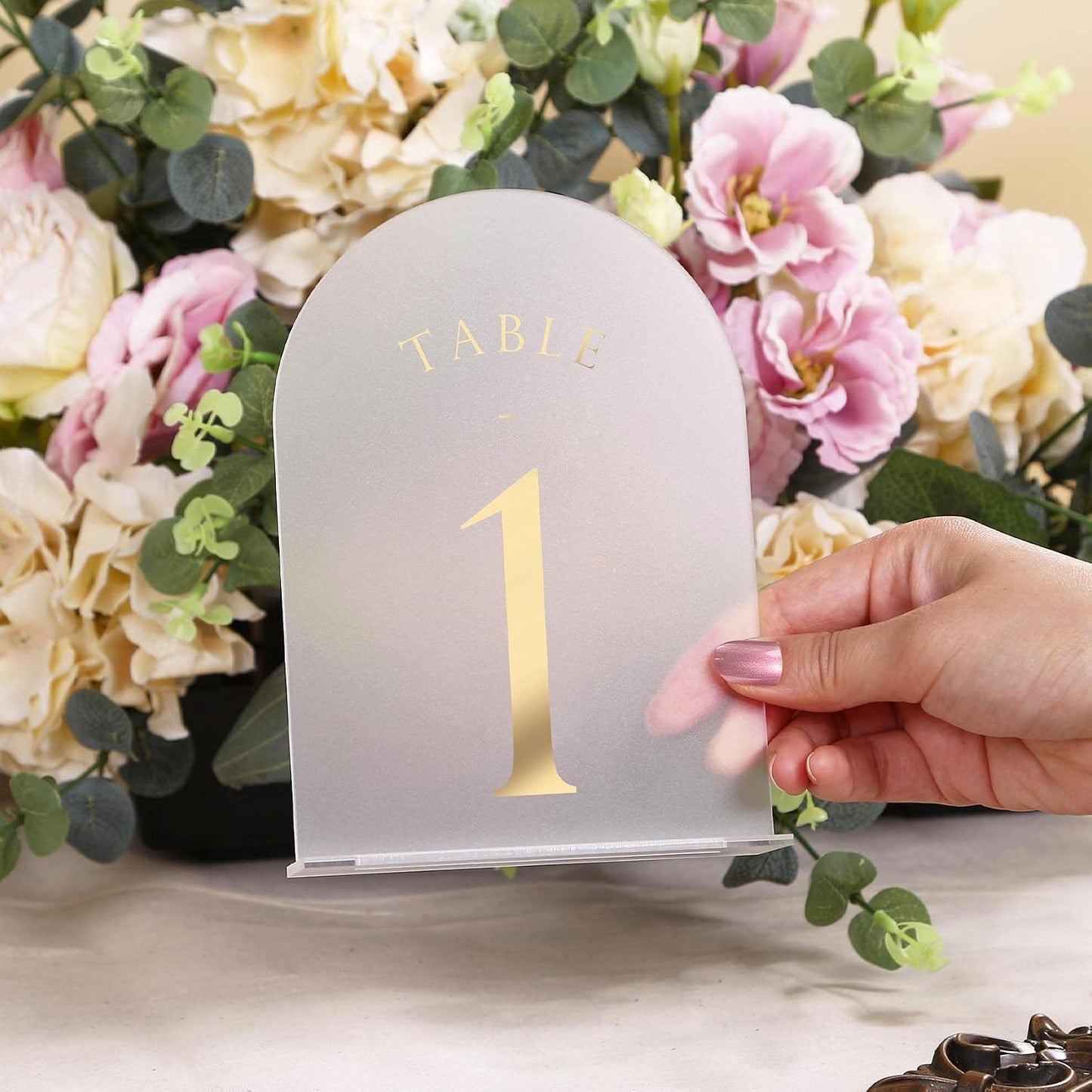 UNIQOOO Frosted Arch Wedding Table Numbers with Stands 1-30, Gold Foil Printed 5x7 Acrylic Display Signs and Holders