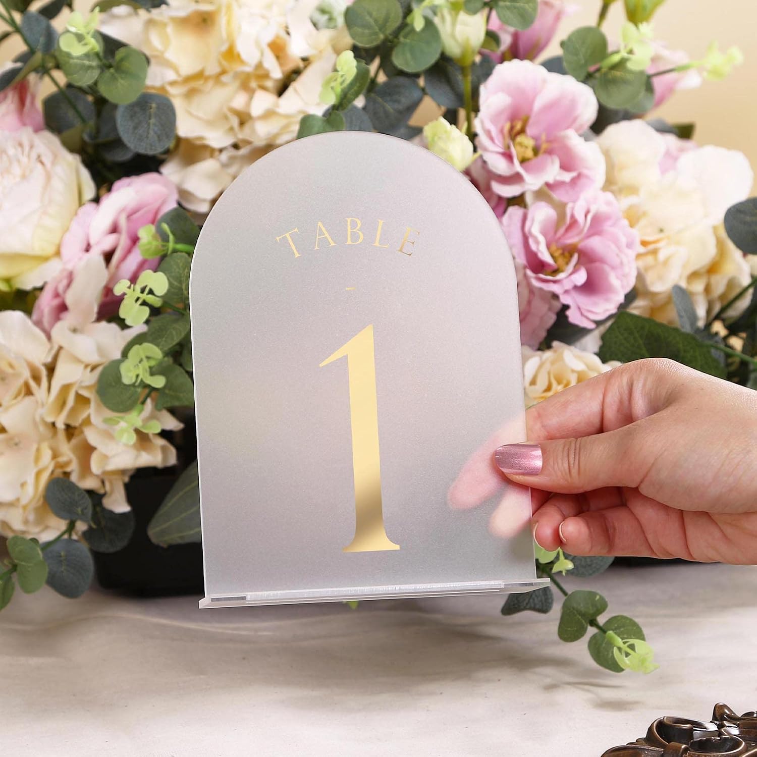 UNIQOOO Frosted Arch Wedding Table Numbers with Stands 1-30, Gold Foil Printed 5x7 Acrylic Display Signs and Holders