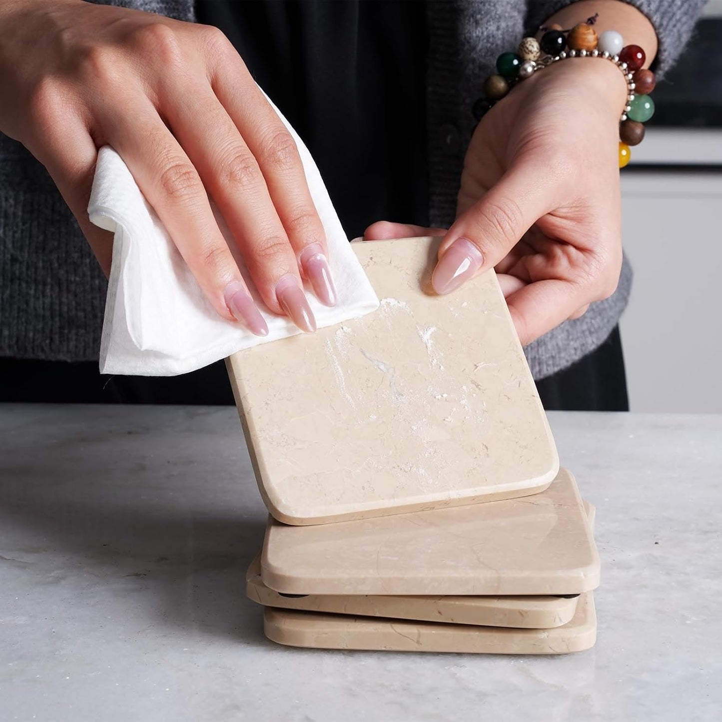 Holder / Natural Marble Coasters / Beige / Set of 6