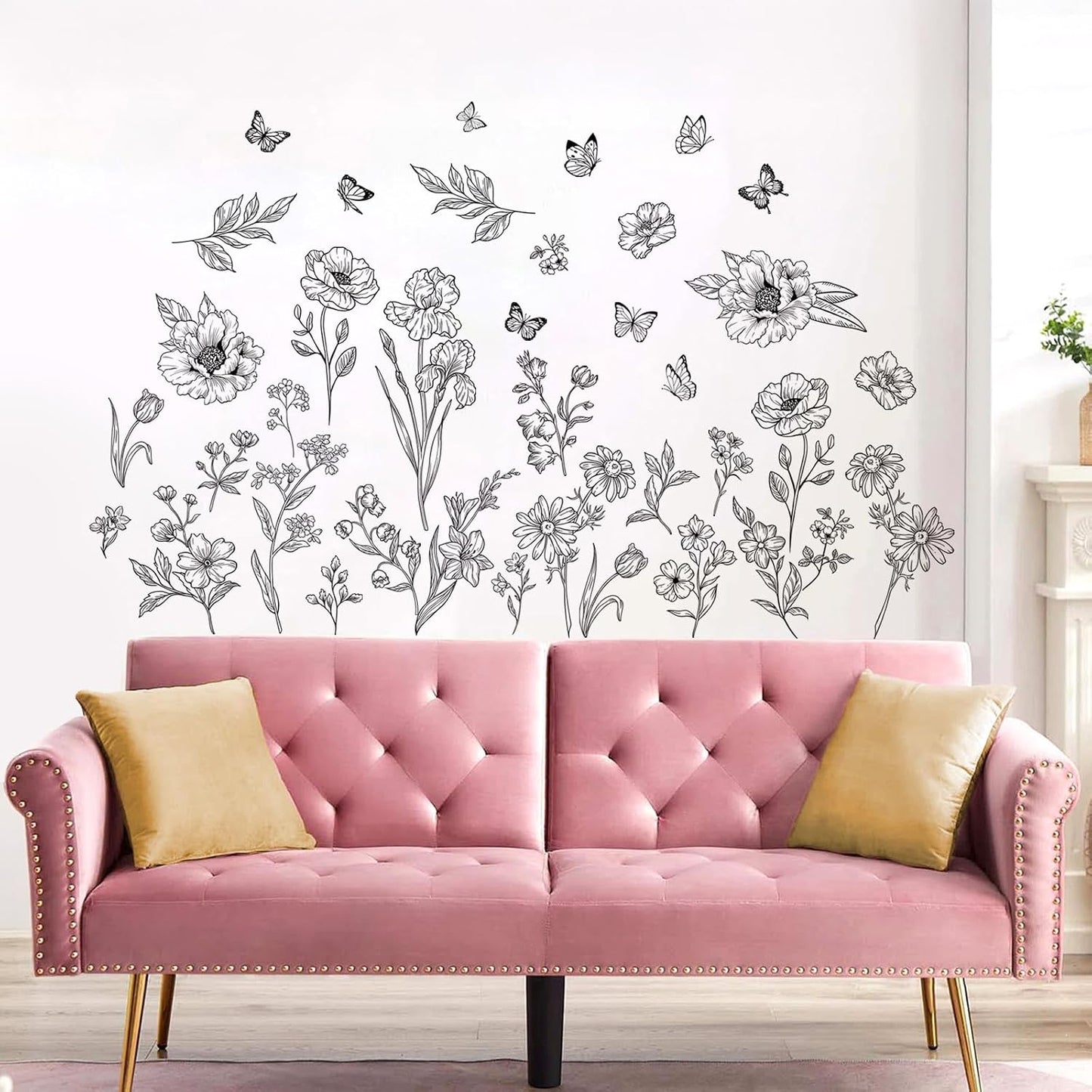 Large Boho Flower Wall Decals Wildflower Butterfly Simple Wall / Simple Sketch Flower / Black