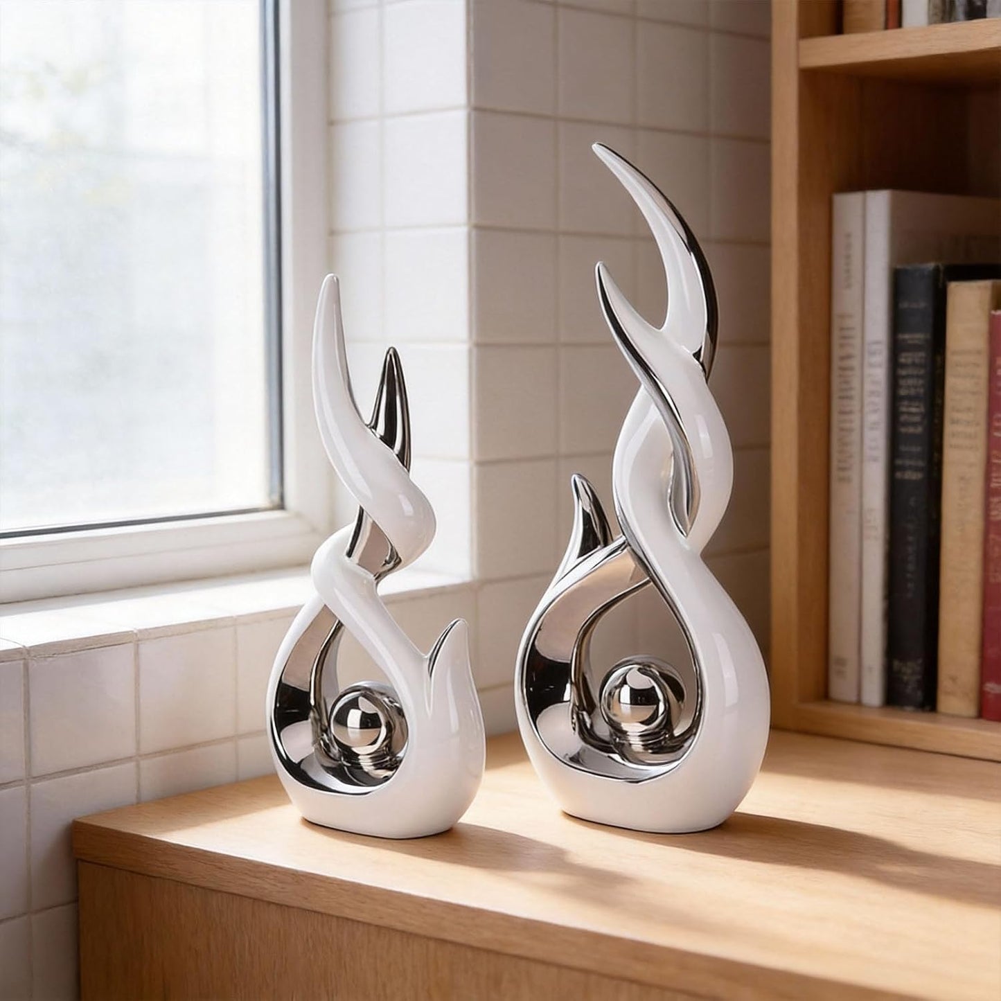 Abstract Ceramic Sculpture Modern Electroplated Figurines Decorative / White and Silver / Set of 2