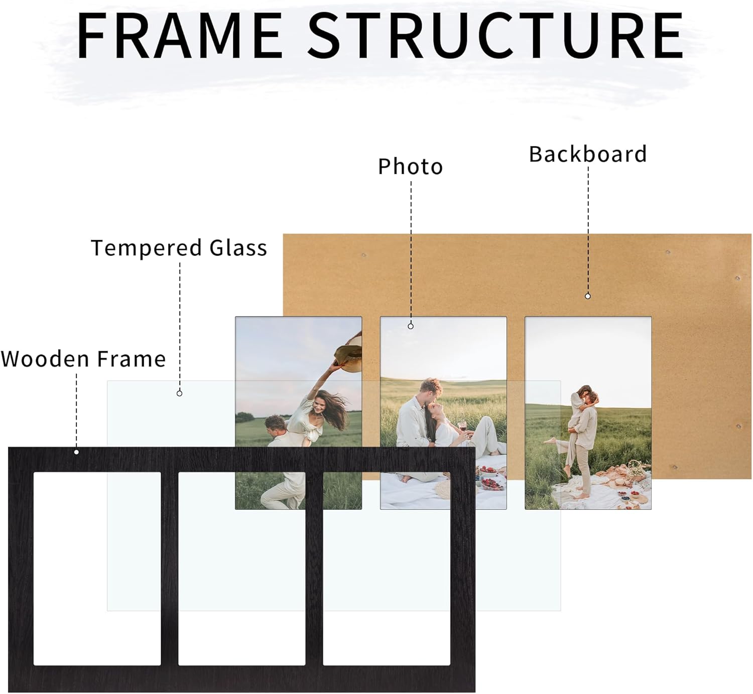 Wood Frame / 3 Picture Frame / Rustic Black / 4 x 6 / 3 Opening