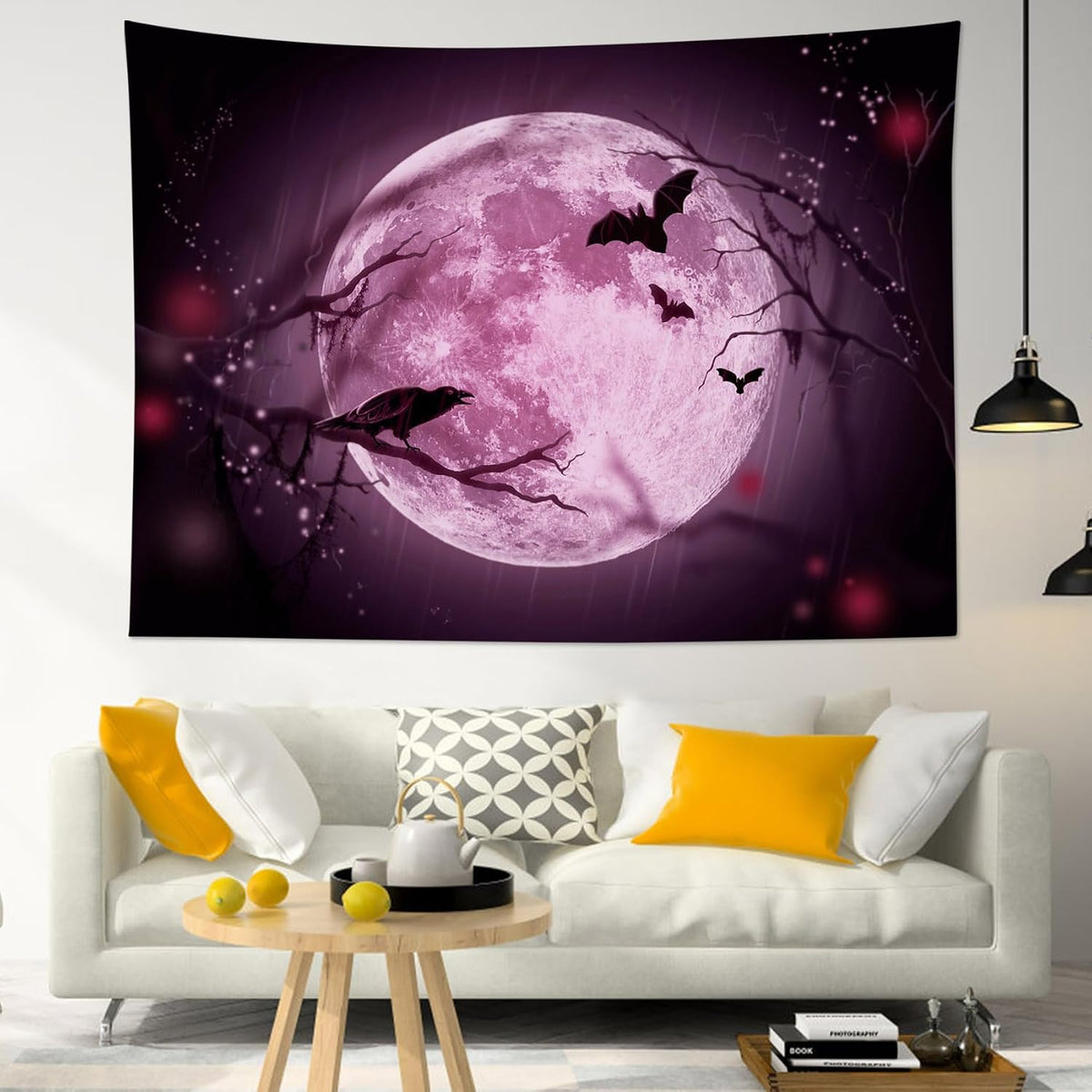 LB Halloween Full Moon Tapestry, Horror Black Crow and Bat on Purple Night Sky Wall Tapestry for Bedroom, Creepy Bat Wall Art for Living Room Home Decor, 59 x 51 Inches