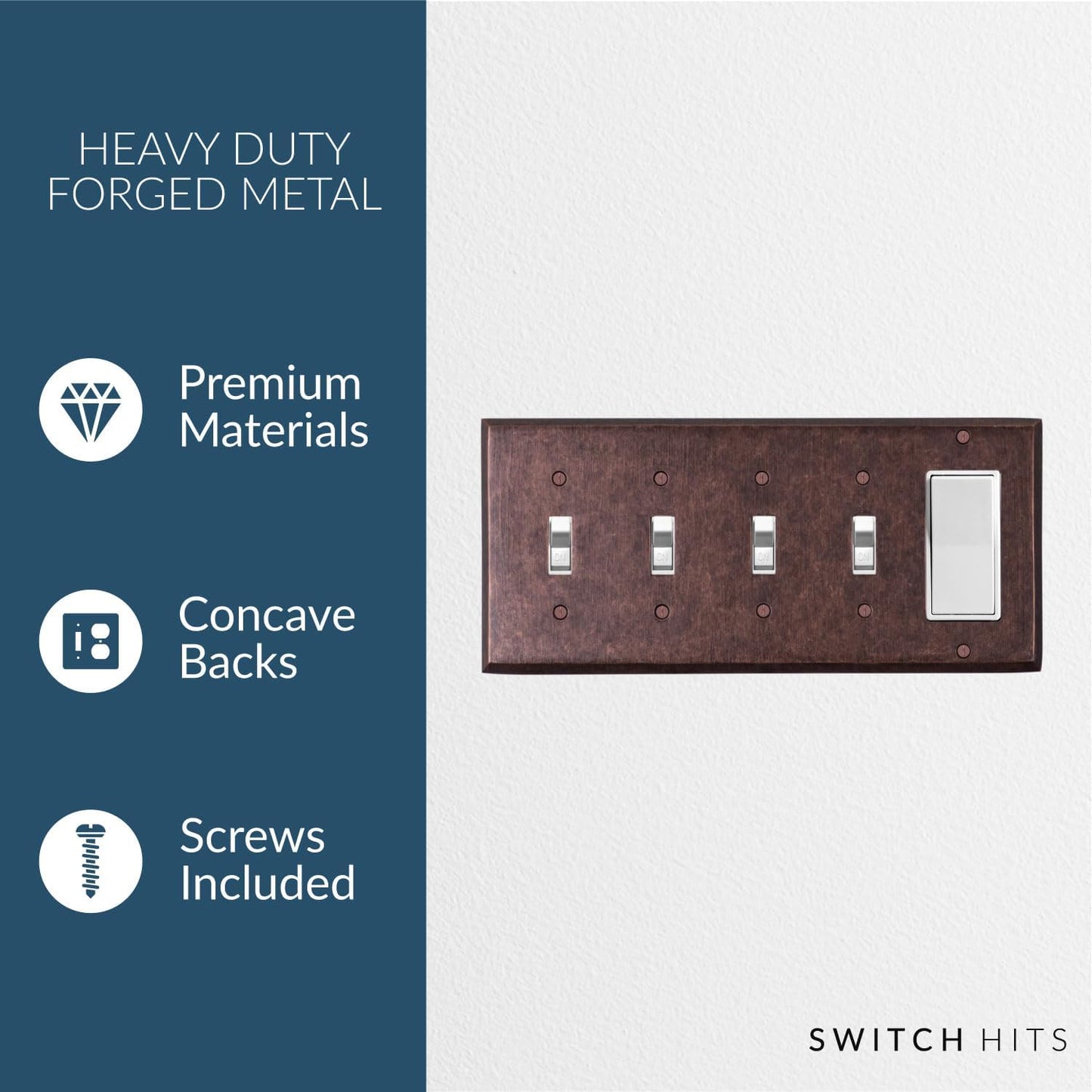Mottled Antique Copper Outlet Wall Plate | 4 Toggle - 1 GFI Rocker | 10.1" x 4.6" | Hand-Polished Brass Construction