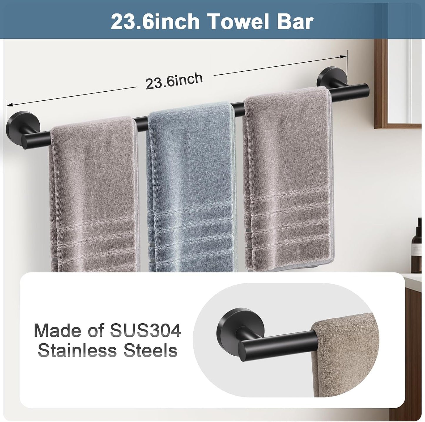 Matte Black Bathroom Hardware Set, 5 Pieces Black Towel Bar Bathroom Accessories Set, Upgraded Toilet Paper Holder with