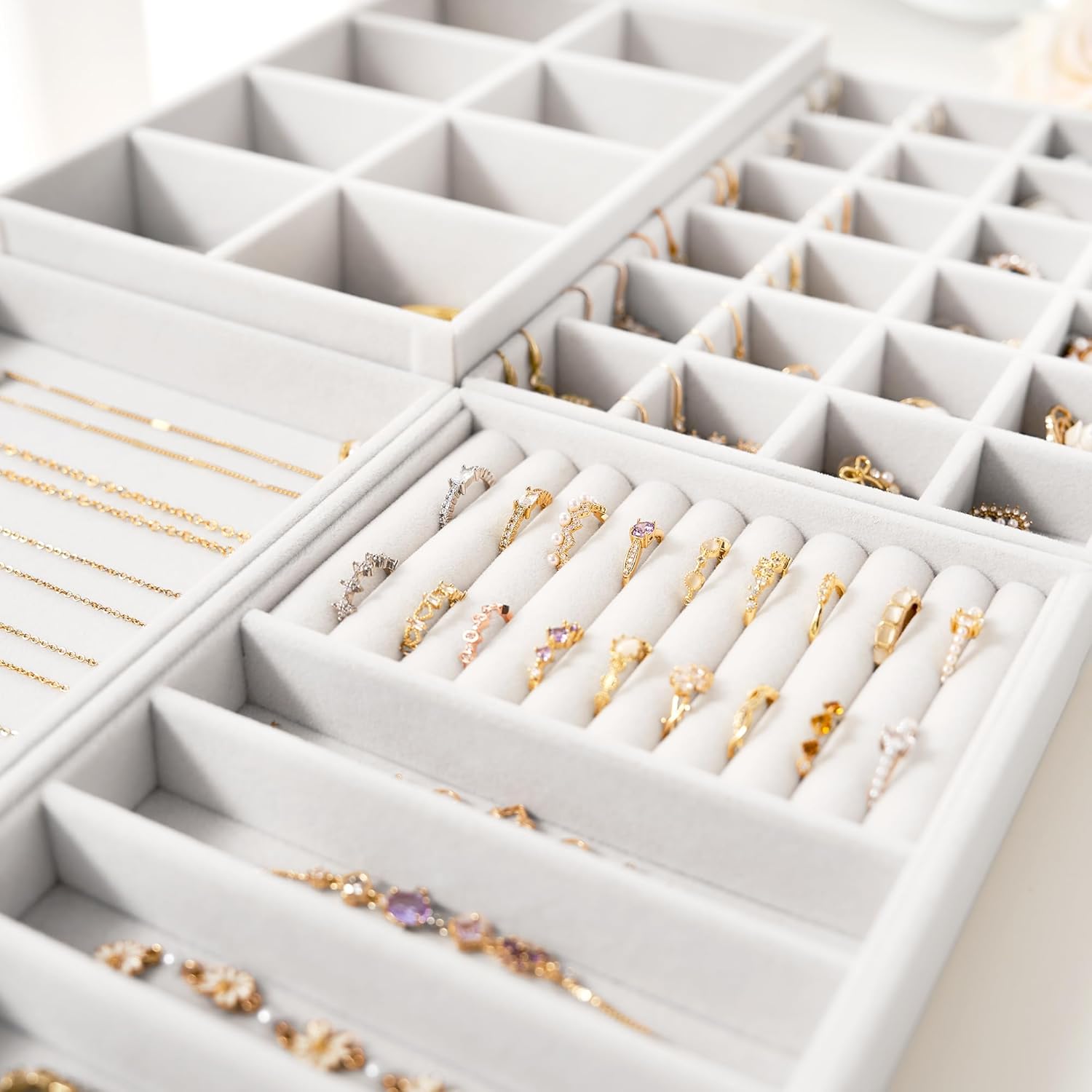 Velvet Jewelry Drawer Organizer Trays / White / Compact