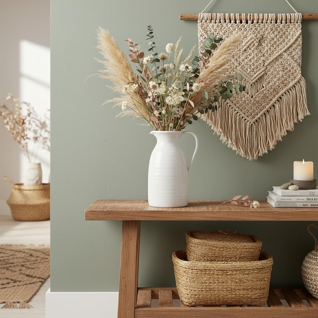 Farmhouse Pitcher Vase for Flowers- Ceramic Pitcher White Flower Vase / White - Pitcher Vase