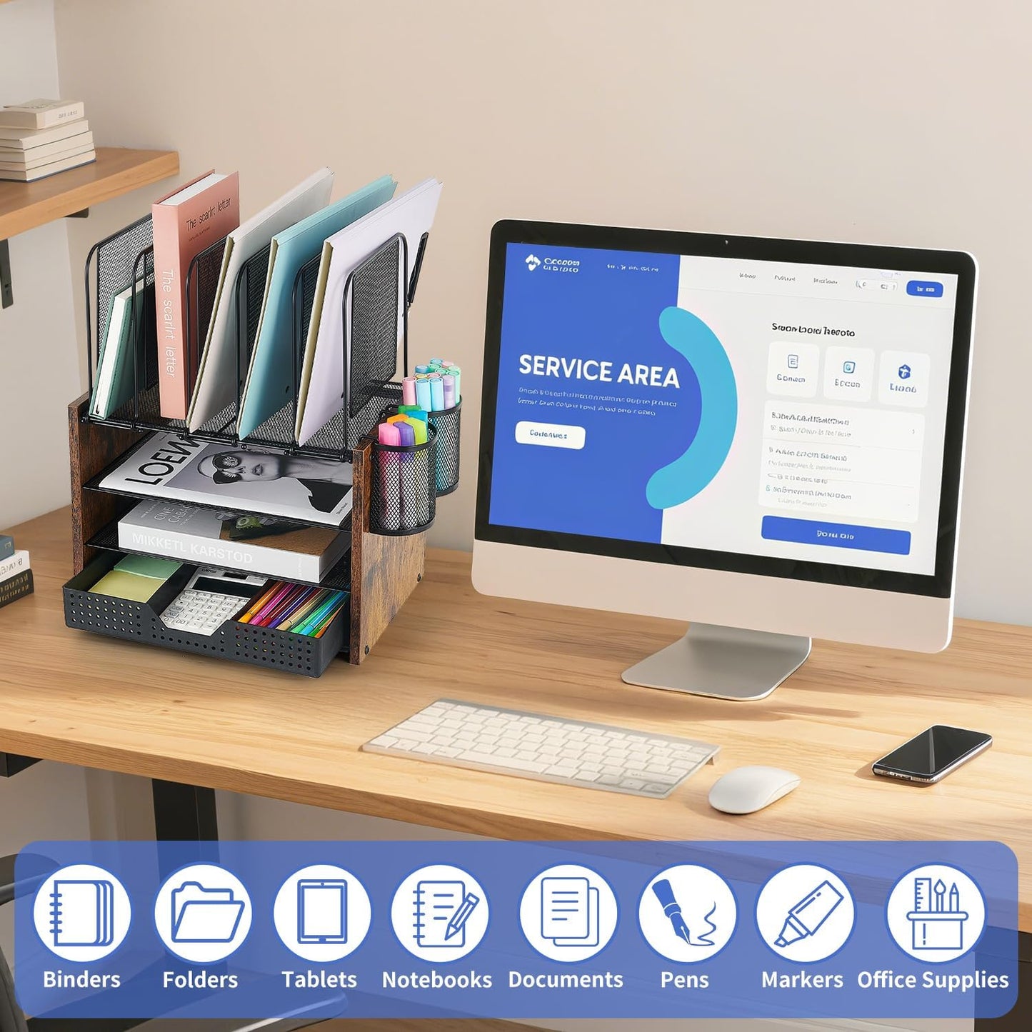 AUPSEN Desk Organizer with 5 Vertical File Holders, Storage Drawer & 2 Pen Holders, 5 Trays Paper Letter Tray