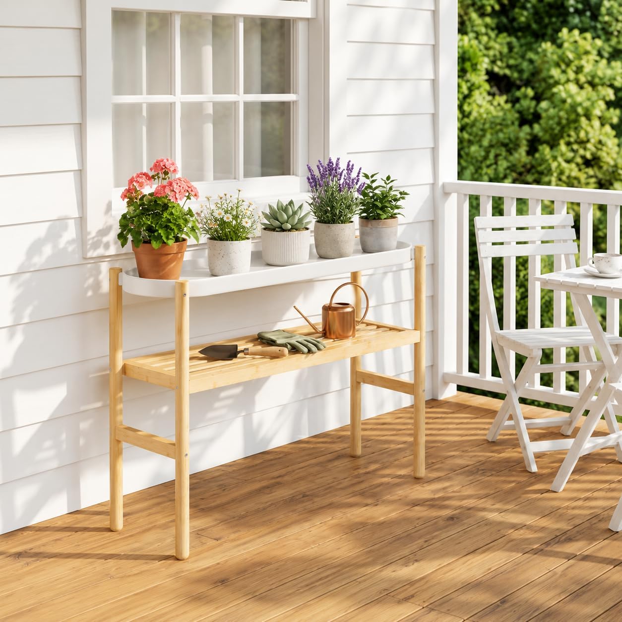 2 Tier Plant Stand Indoor, Tall Bamboo Corner Shelf for Multiple Plants | Narrow 2-Tier Display, Easy-Clean