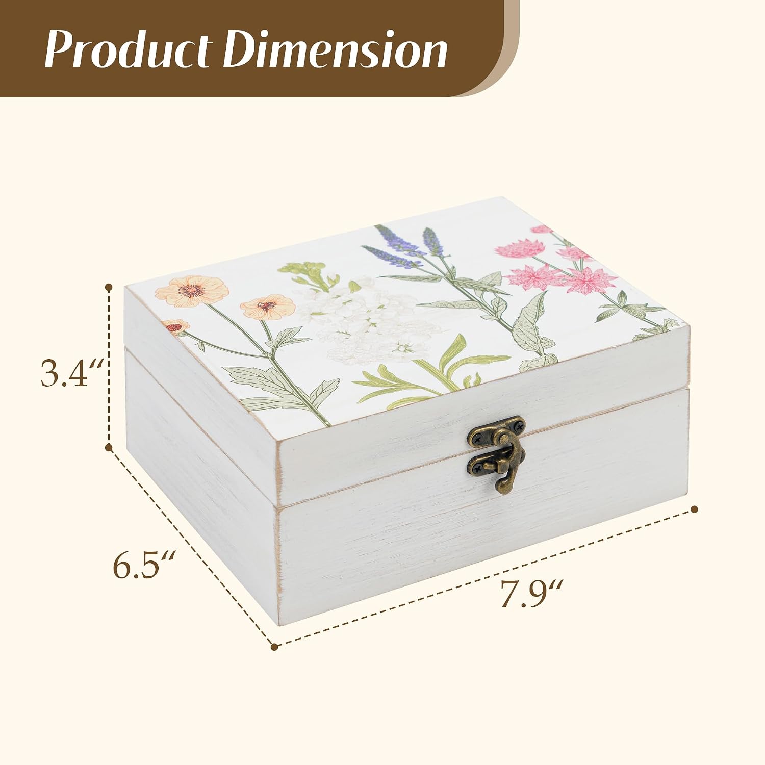 Hinged Lid Wooden Handmade Keepsake Storage Box Floral Printed Jewelry Box Rustic Trinket Box