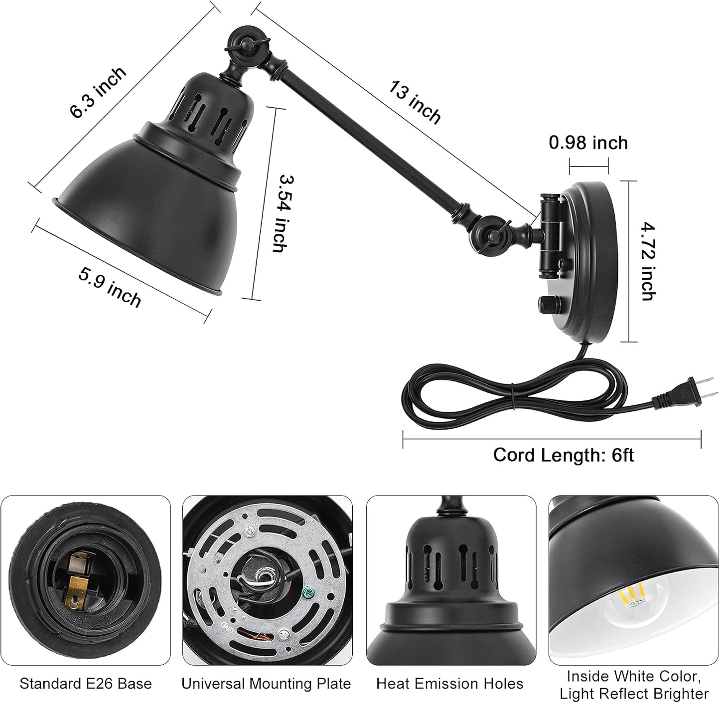 GOODATE Plug in Wall Sconces, Wall Sconce Lighting with Dimmable On Off Switch, Swing Arm Wall Lamp, Black Metal