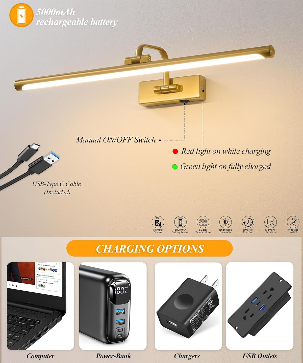 Picture Lights for Wall Battery Operated, Rechargeable Light for Pictures with Remote & Timer, Gold Art Light for