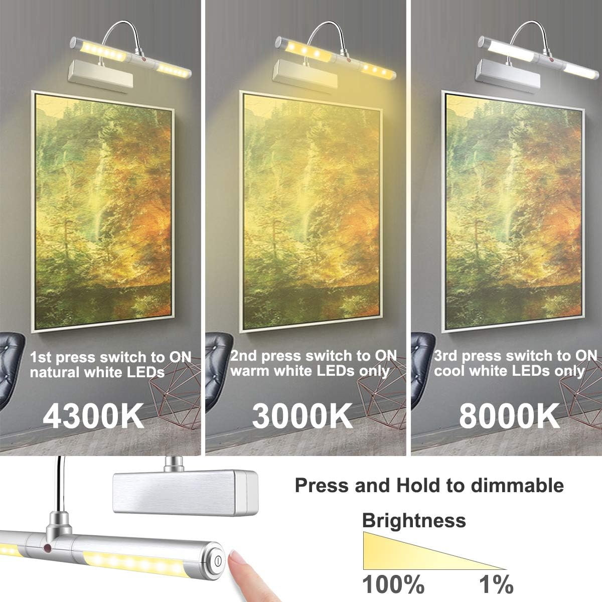 LUXSWAY Battery Powered Picture Light,Wireless Painting Lights with Remote,3 Modes Brightness Art Display Lights,8.9
