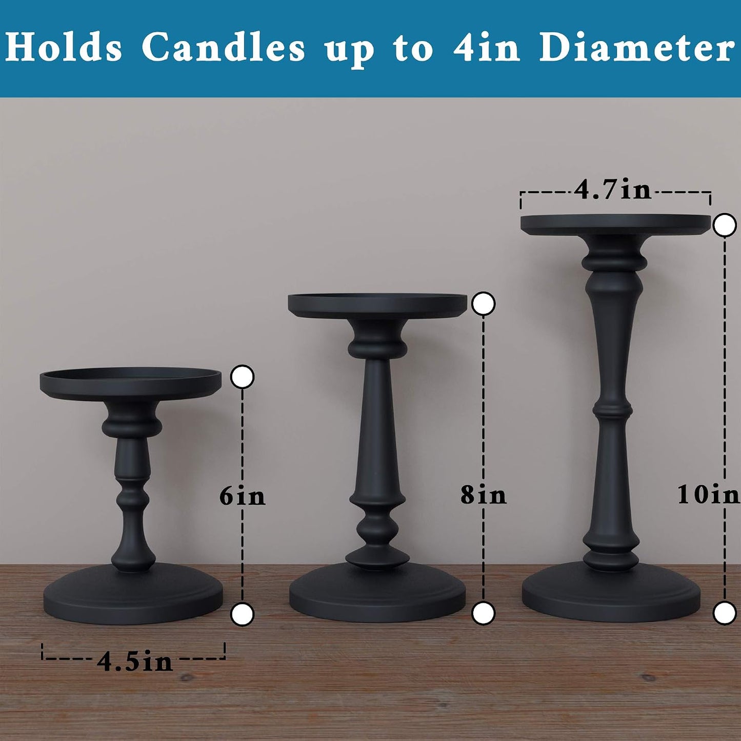 Candle Holders Set of 3 Matte Black, 6, 8,10" Tall Metal for Pillar Candles | Pure Metal Build, Set of 3, Holds Candles