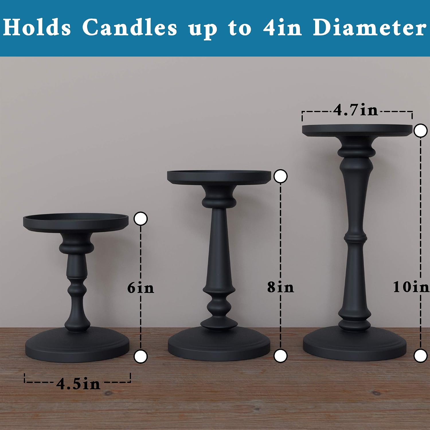 Candle Holders Set of 3 Matte Black, 6, 8,10" Tall Metal for Pillar Candles | Pure Metal Build, Set of 3, Holds Candles