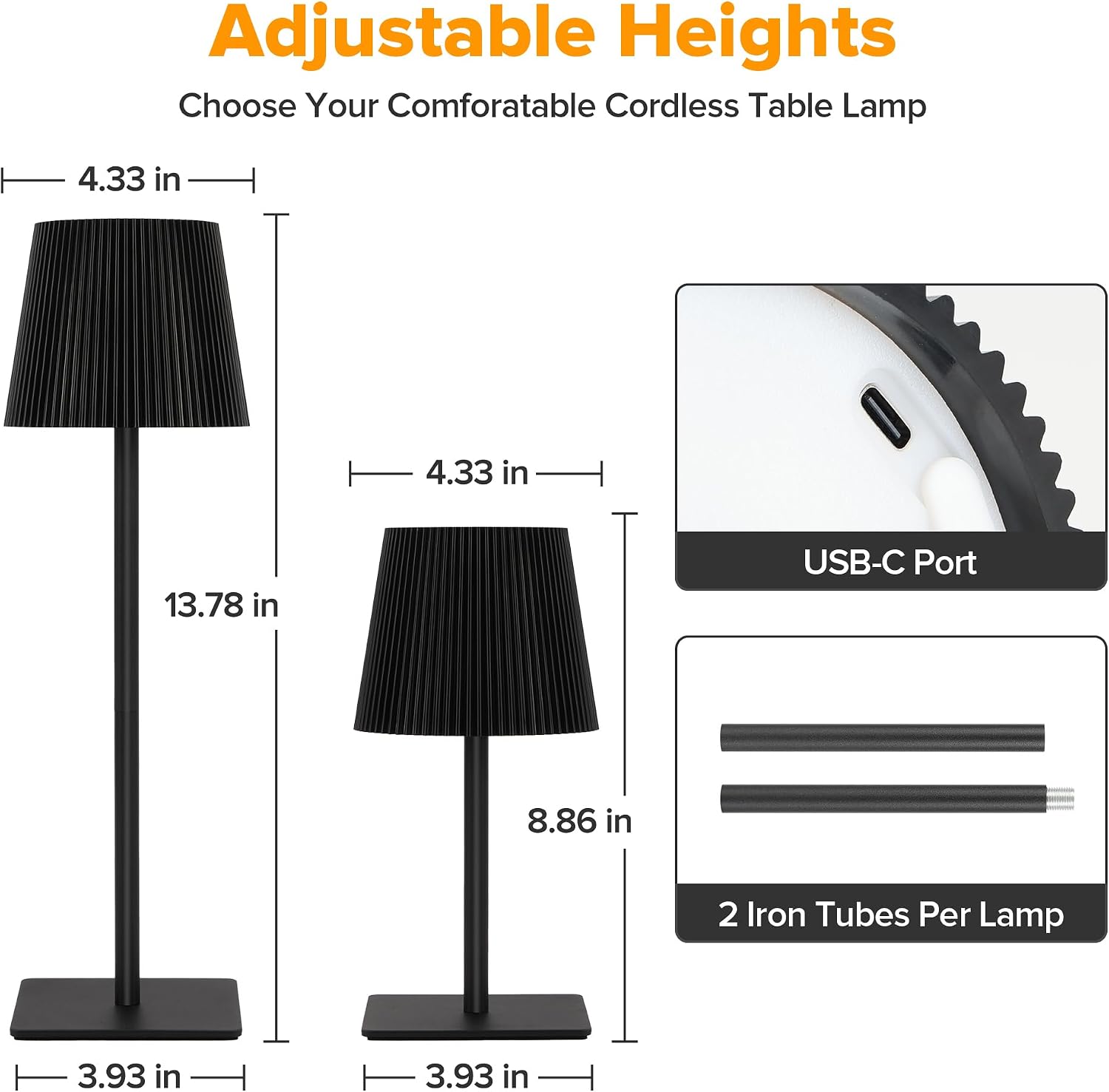 LUTEC 2 Pack Cordless Table Lamp,6000mAh Rechargeable Battery Operated Desk Lamp,Two Adjustable Heights,Waterproof