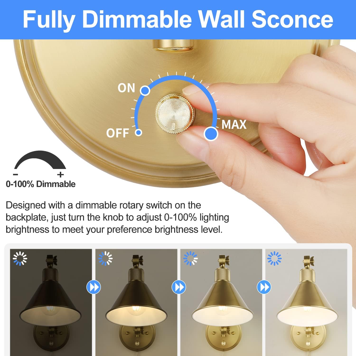 TRLIFE Wall Sconce Plug in, Dimmable Wall Sconces Set of 2 Wall Lights with Plug in Cord and Dimmer On/Off Knob Switch