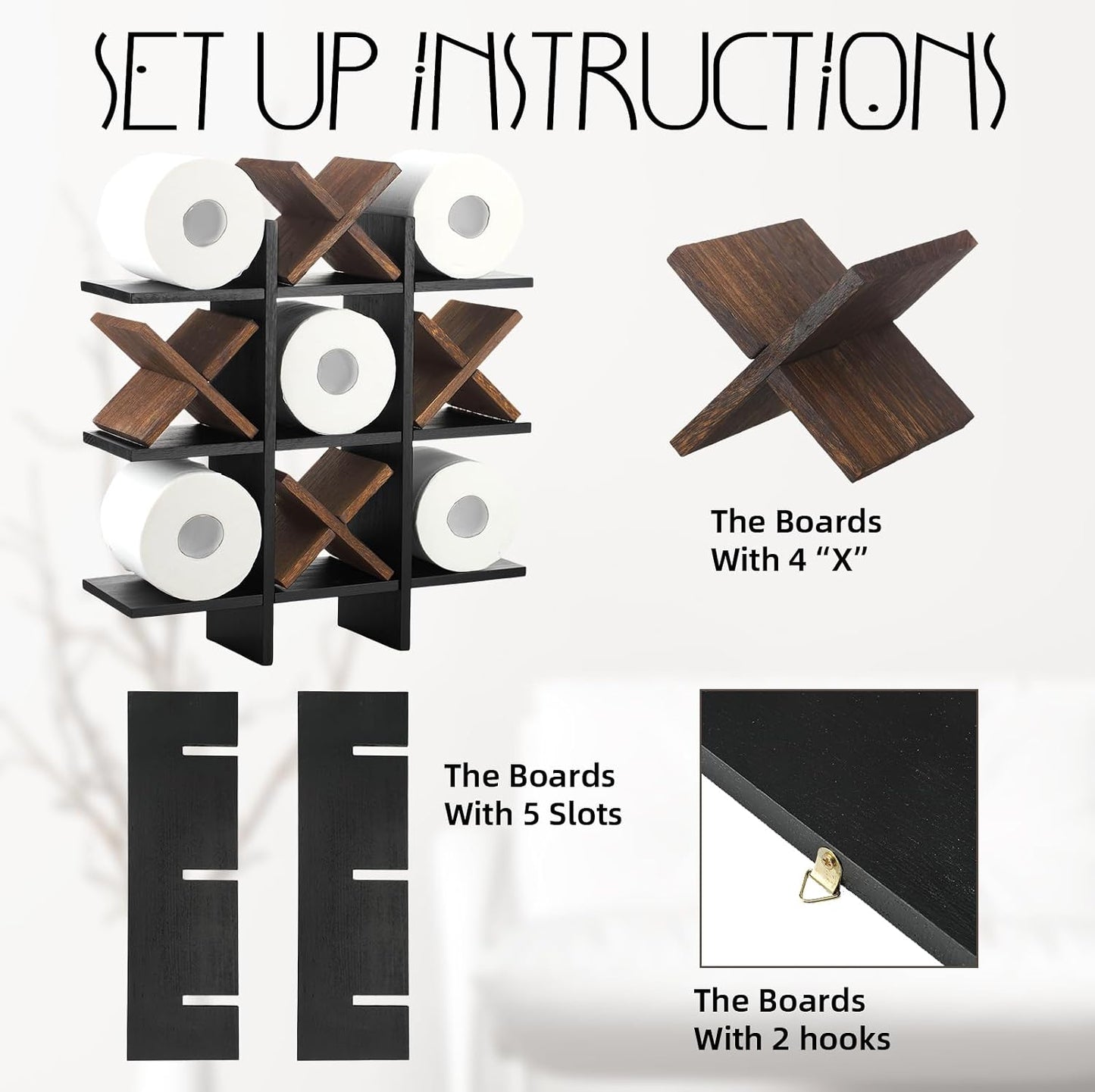 Weysat Tic Tac Toe Toilet Paper Holder,Black, Dark Brown | Farmhouse Bathroom Decor, Freestanding or Wall Mount Storage