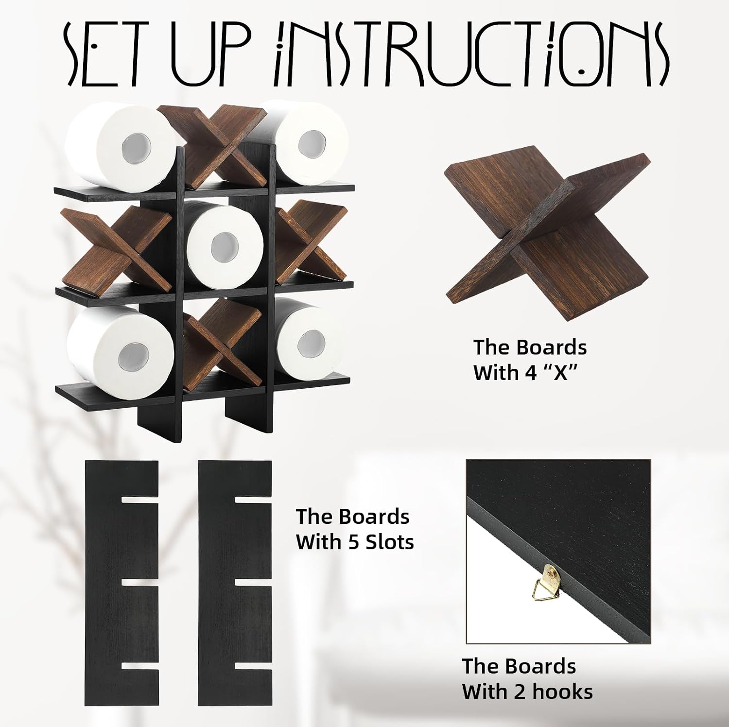 Weysat Tic Tac Toe Toilet Paper Holder,Black, Dark Brown | Farmhouse Bathroom Decor, Freestanding or Wall Mount Storage