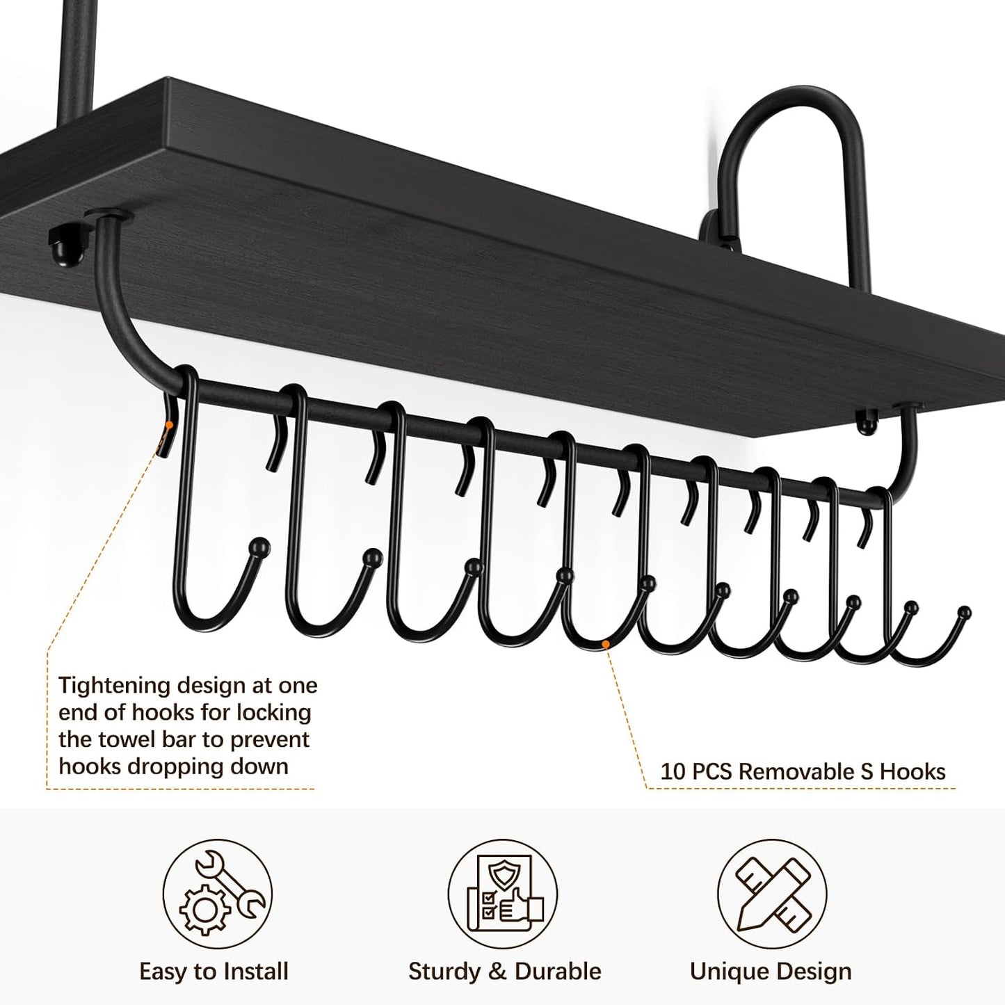 Olakee Floating Wall Shelves for Kitchen Bathroom Coffee Nook with 10 Adjustable Hooks for Mugs Cooking Utensils or