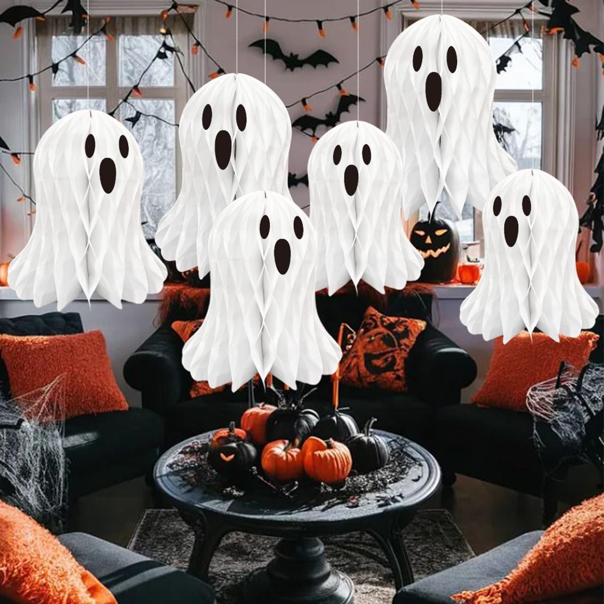 Halloween Ghost Honeycomb Hanging Decorations 6 Pcs White Table Centerpiece Paper Hanging Ornaments Halloween Party Window Spooky Haunted House Desk Decor