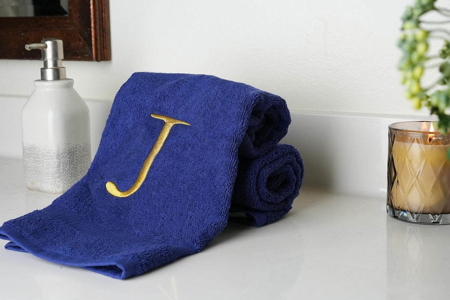 Navy with Gold Monogrammed Hand Towels for Bathroom - Set of 2 Letter J | Luxury Hotel Quality Initial Towels For