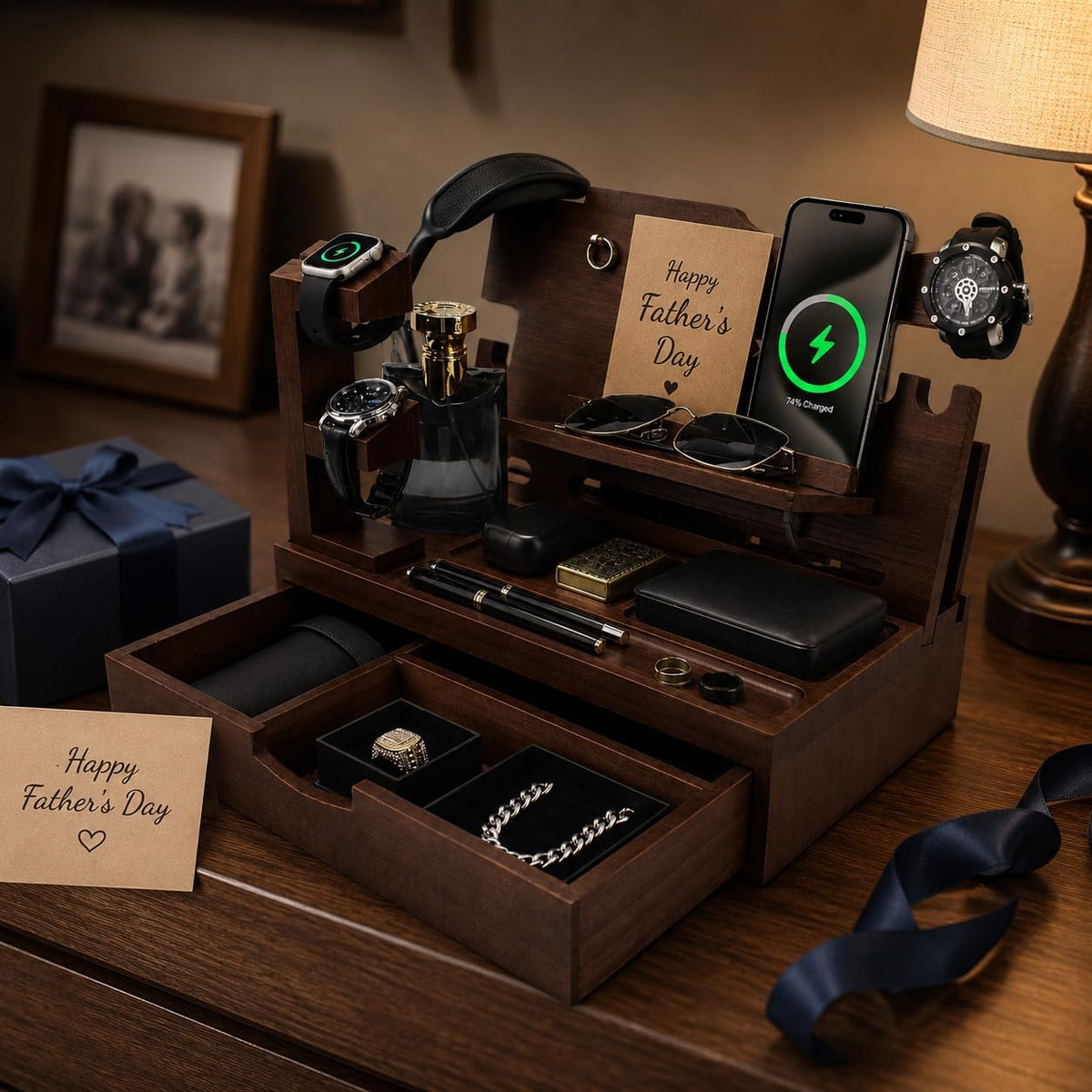 Nightstand Organizer for Men with Large Drawer, Wood Phone Docking Station for Phone, Apple Watch, Wallet & Keys, Ideal