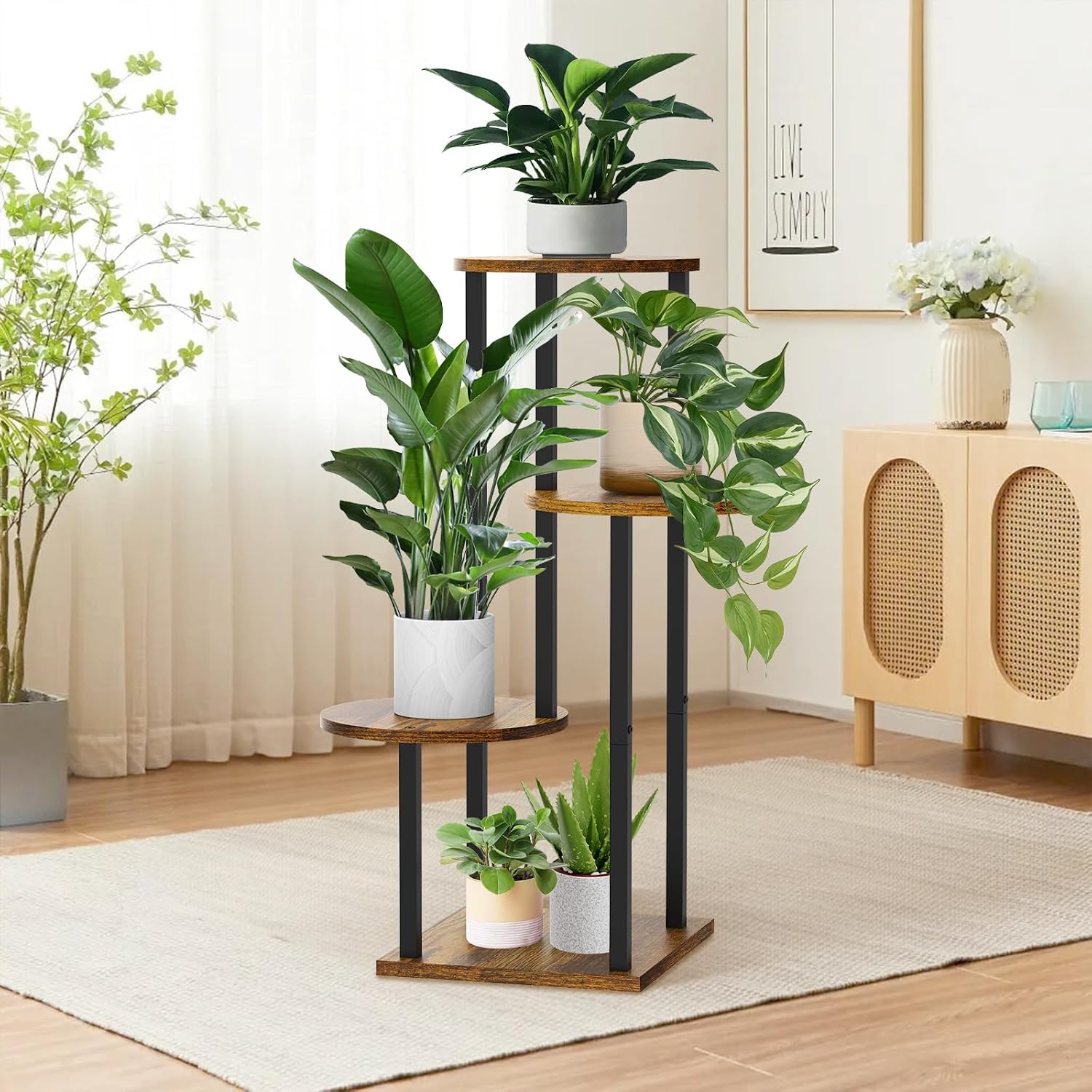 4 Tier Plant Stand Indoor, Metal Wooden Tall Plant Shelf Flower Pot Stand for Multiple Plants, Corner Flower Holder