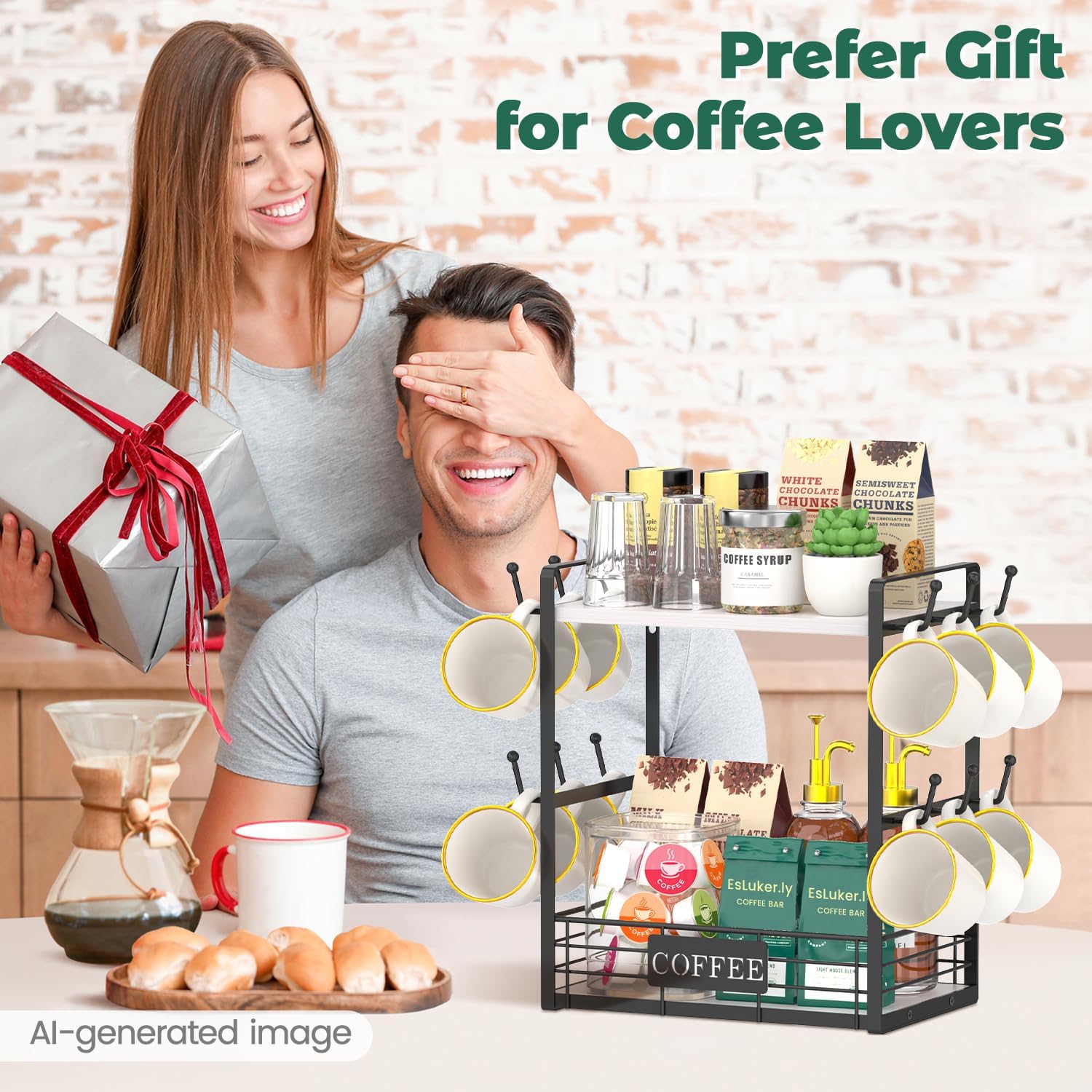 EsLuker.ly Coffee Mug Cup Holder Tree Bar Station Organizer, 2 Tier White | Mug Stand Rack for Countertop Kitchen