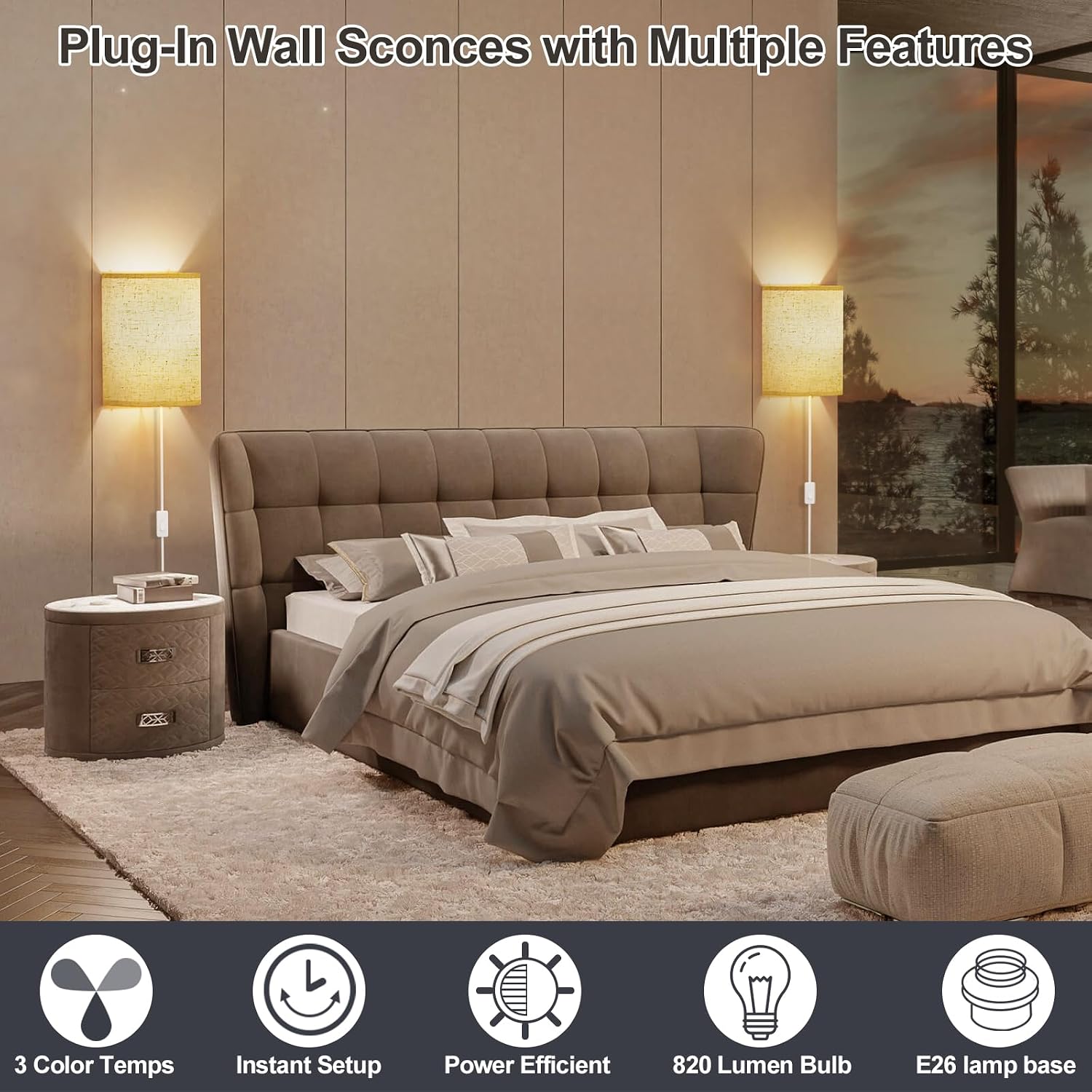 Yunaking Plug in Wall Sconces Set of Two Wall Lights with On/Off Switch | Stepless Color Temperature Wall Lamps with
