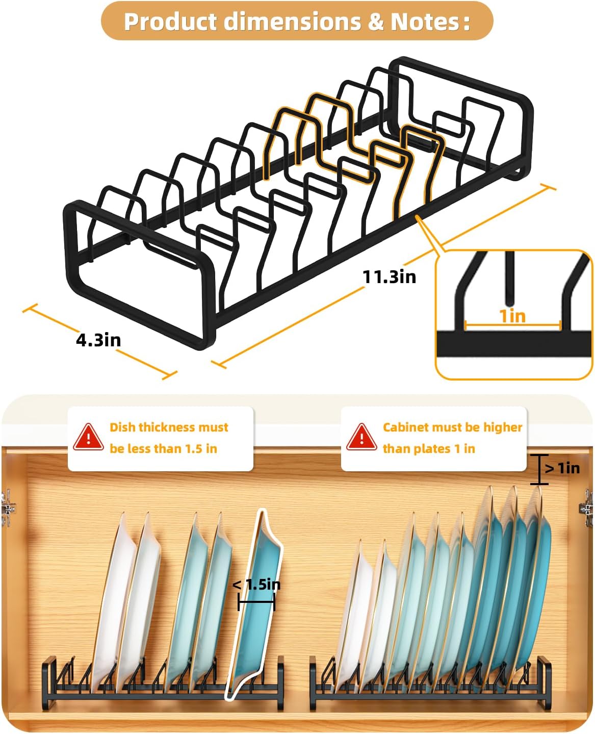 Plate Organizer for Cabinet -2Pack,Dish Rack Organizer for Cabinet Kitchen Countertop Drawer Space Saver，8 Slots