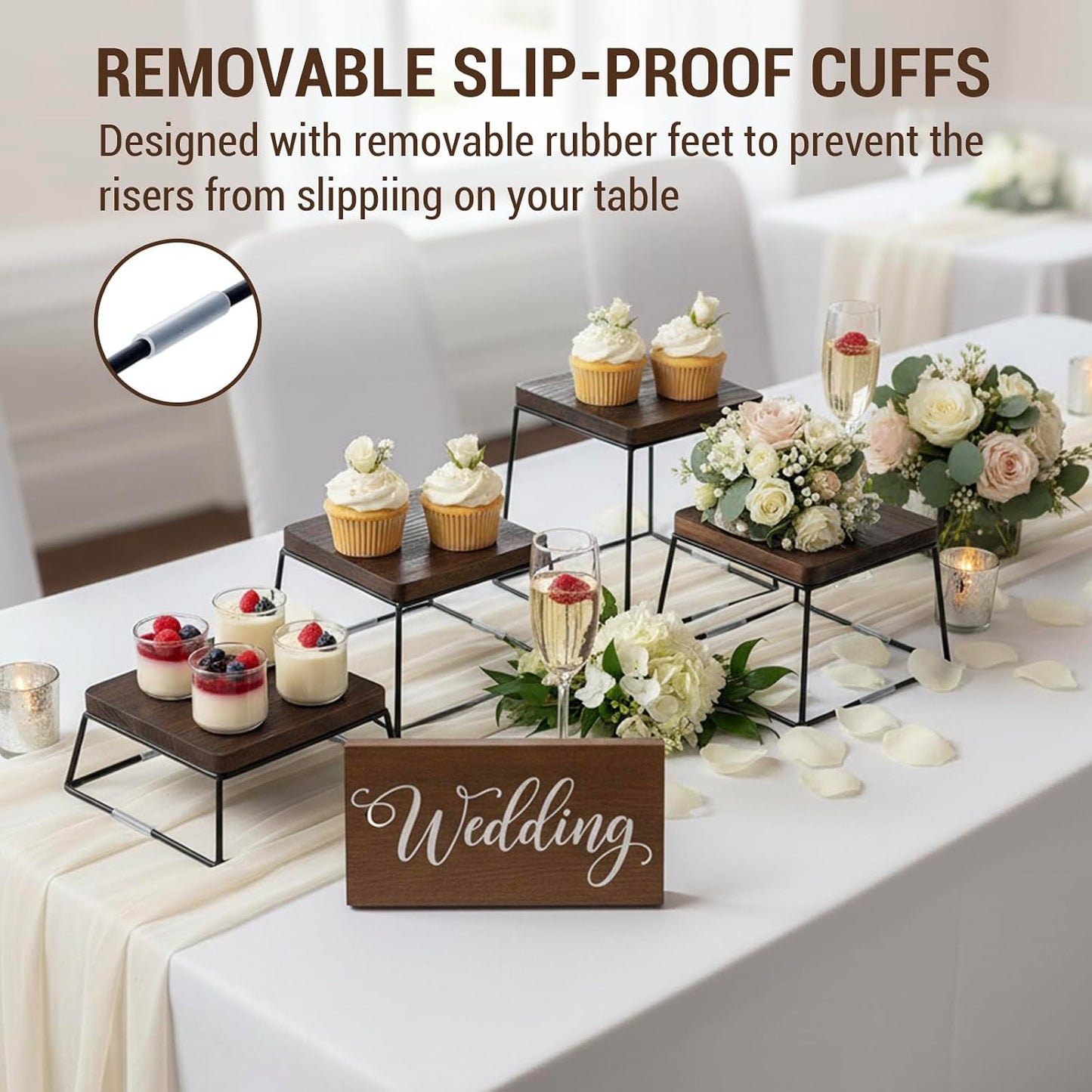 MyGift 4 Piece Dessert Display Stand Set Wood Buffet Risers Brown Metal | Matte Black Wire Bases, Nesting Display