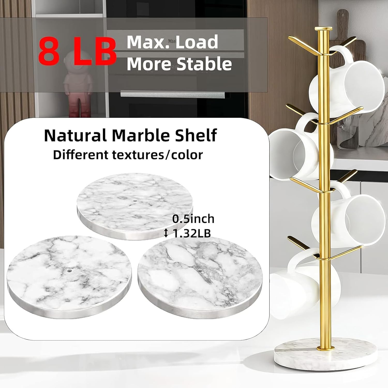 Gypie Gold Mug Holder Tree with Marble Base, 8 Hooks Standard Coffee Cups | Mug Holder Stand, Small Mug Rack for