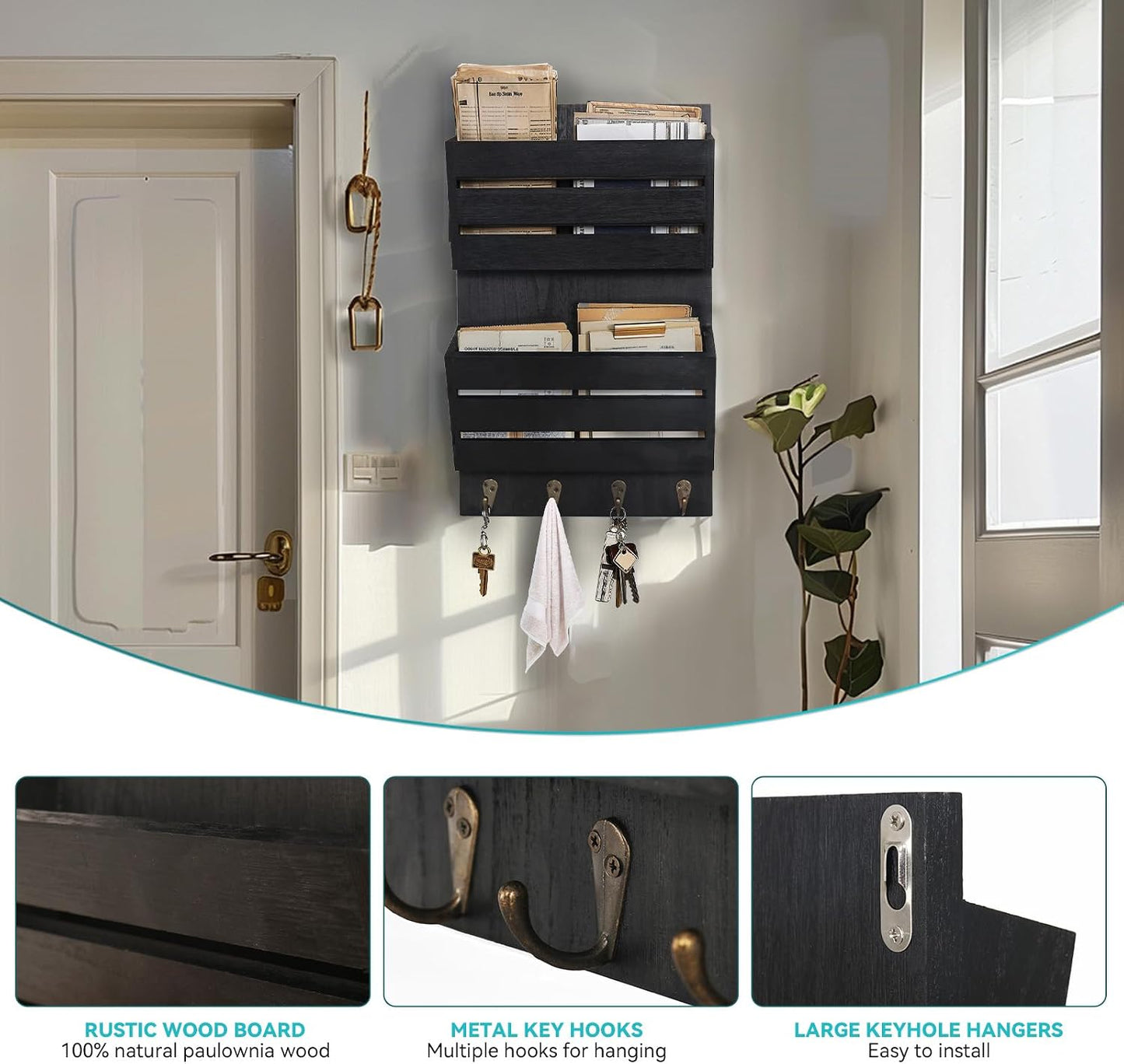 Rustic Wooden Hanging Mail Sorter Farmhouse Key Holder