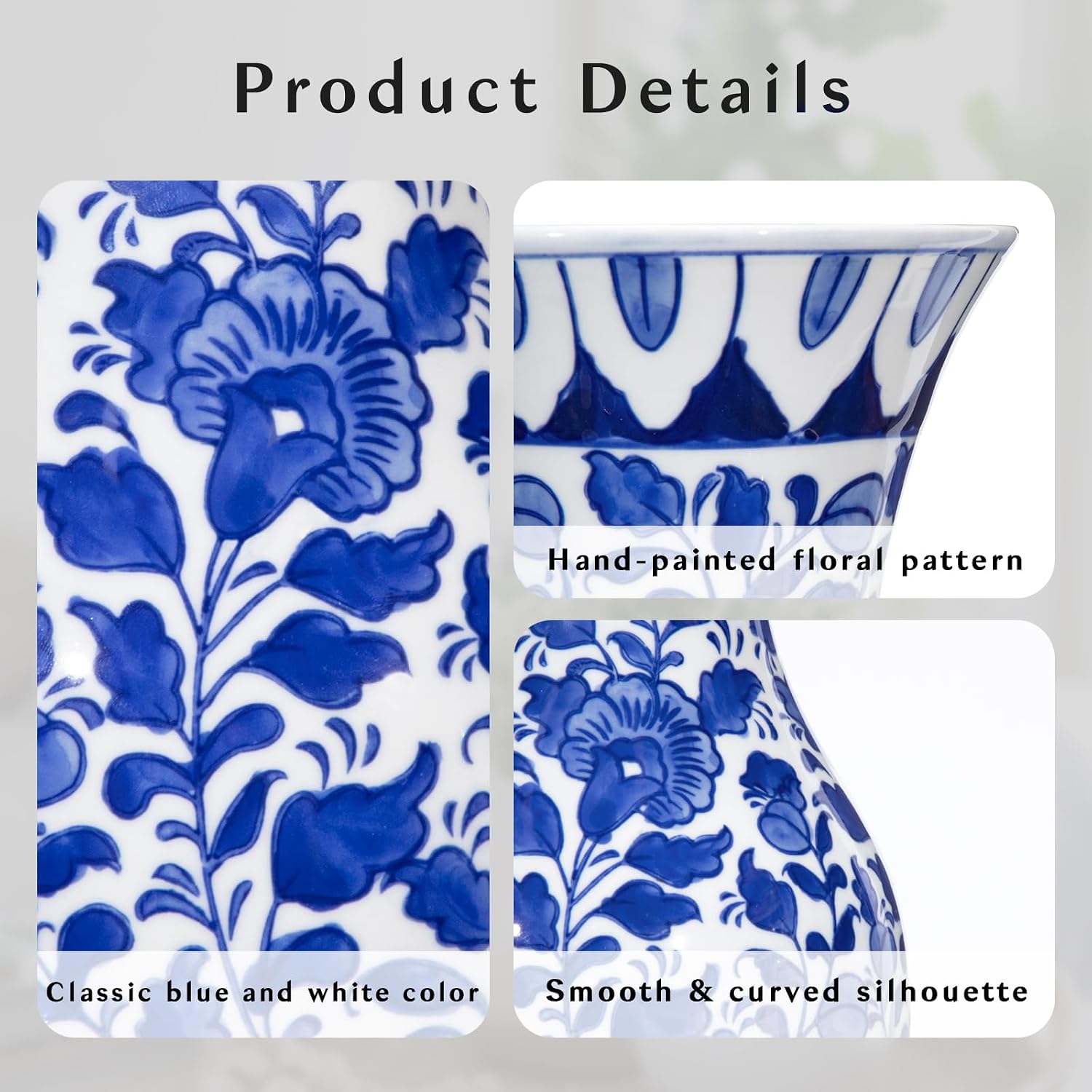 Tall Ceramic Vase in Wide Mouth Floral Pattern / # Small Floral Texture / Blue / 11 Inch