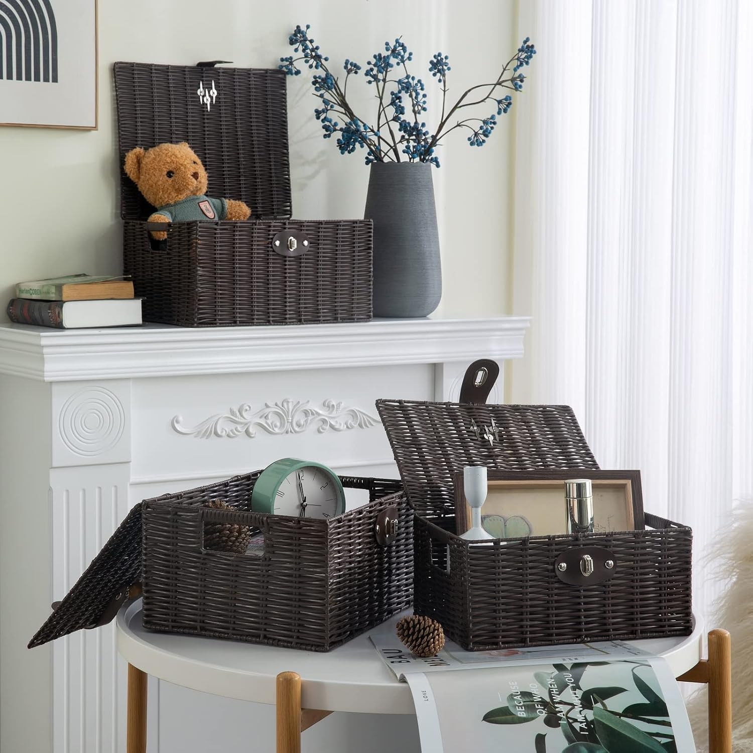 Woven Wicker Storage Basket Box / Brown / Set of 3