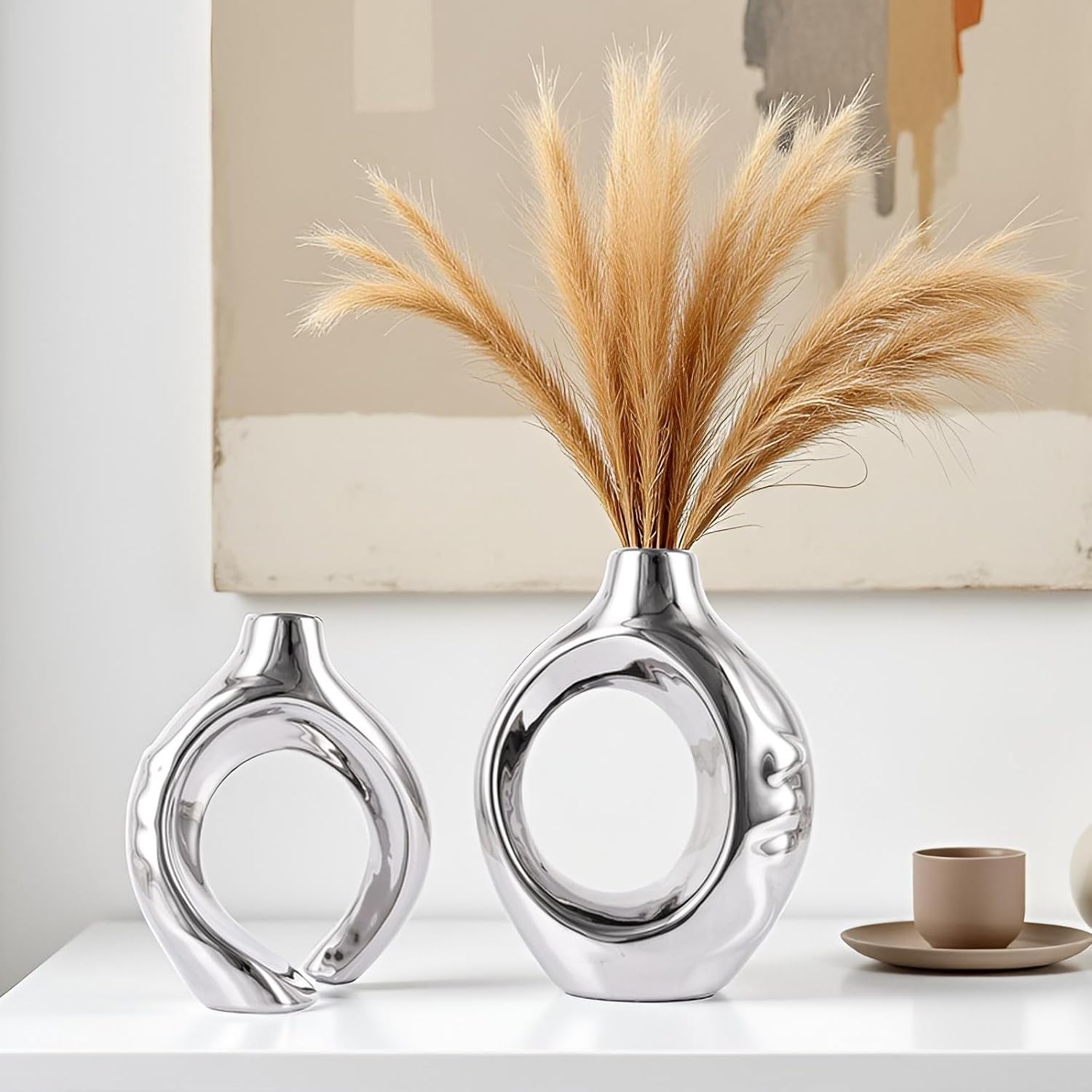 Round Boho Vase for Pampas Grass / Silver1 / Set of 2