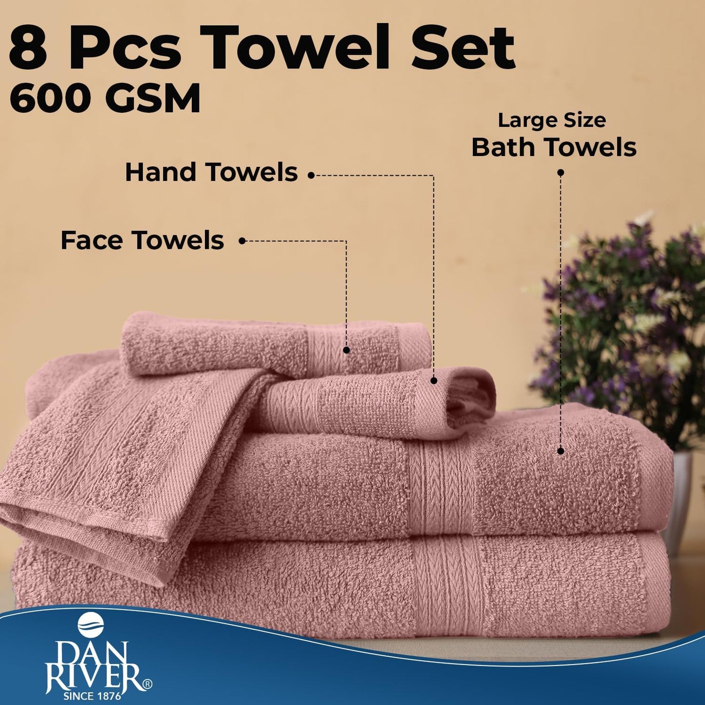 DAN RIVER 8 Piece Luxury Bath Towels for Bathroom, Towel Set, Dusty Rose | 2 Bath towels, 2 Hand towels, and 4 Wash