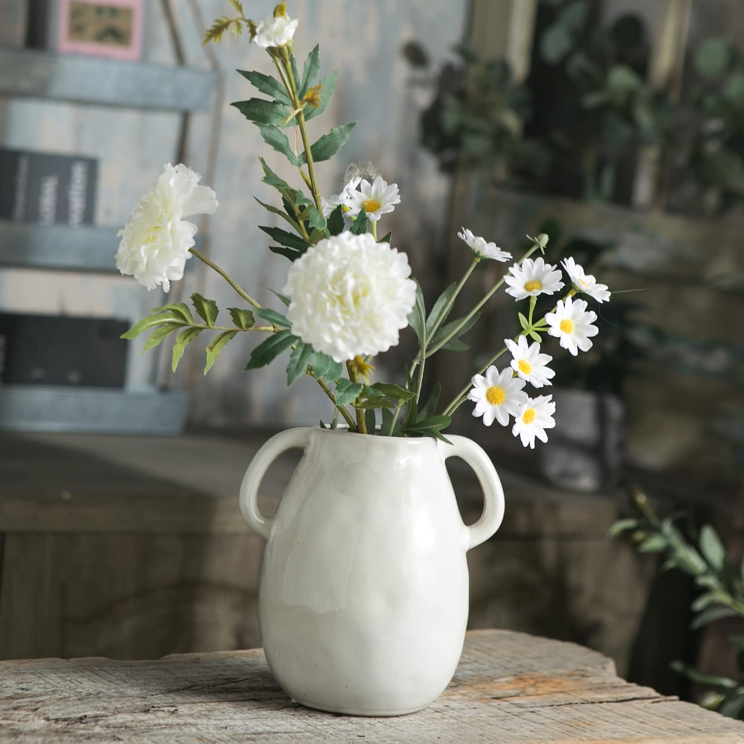 White Ceramic Vase / Double Handle - White