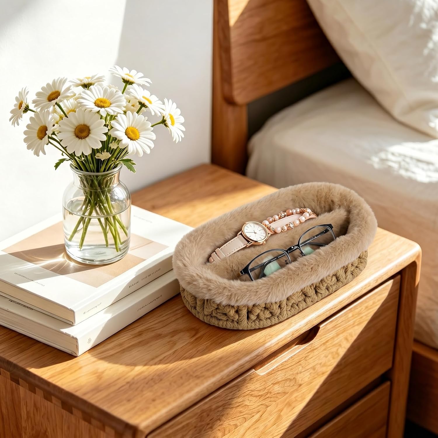 Glasses Holder / Eye-glasses Jewelry Tray for Nightstand Desk / Brown