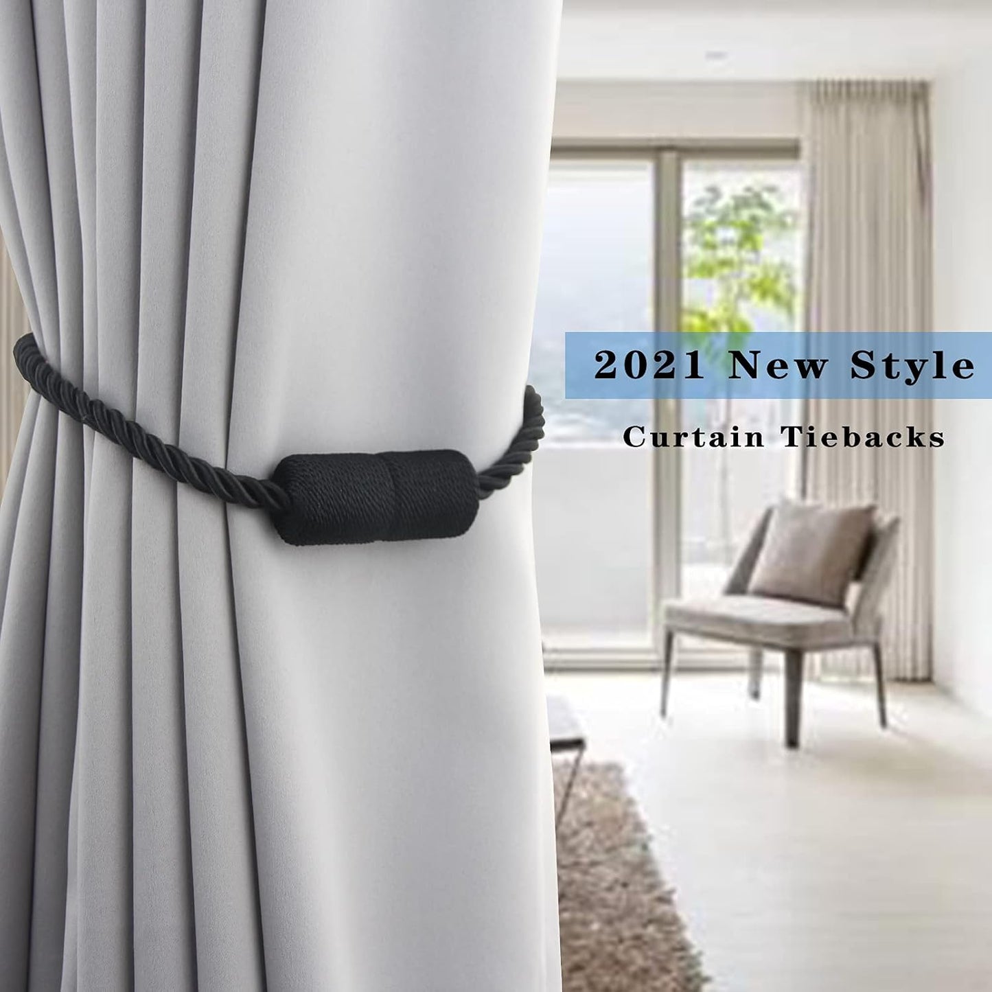 Magnetic Curtain Tiebacks Holdbacks Decorative Tie Backs for Windows Porlau | 6 Pack Black Modern Outdoor Drapes