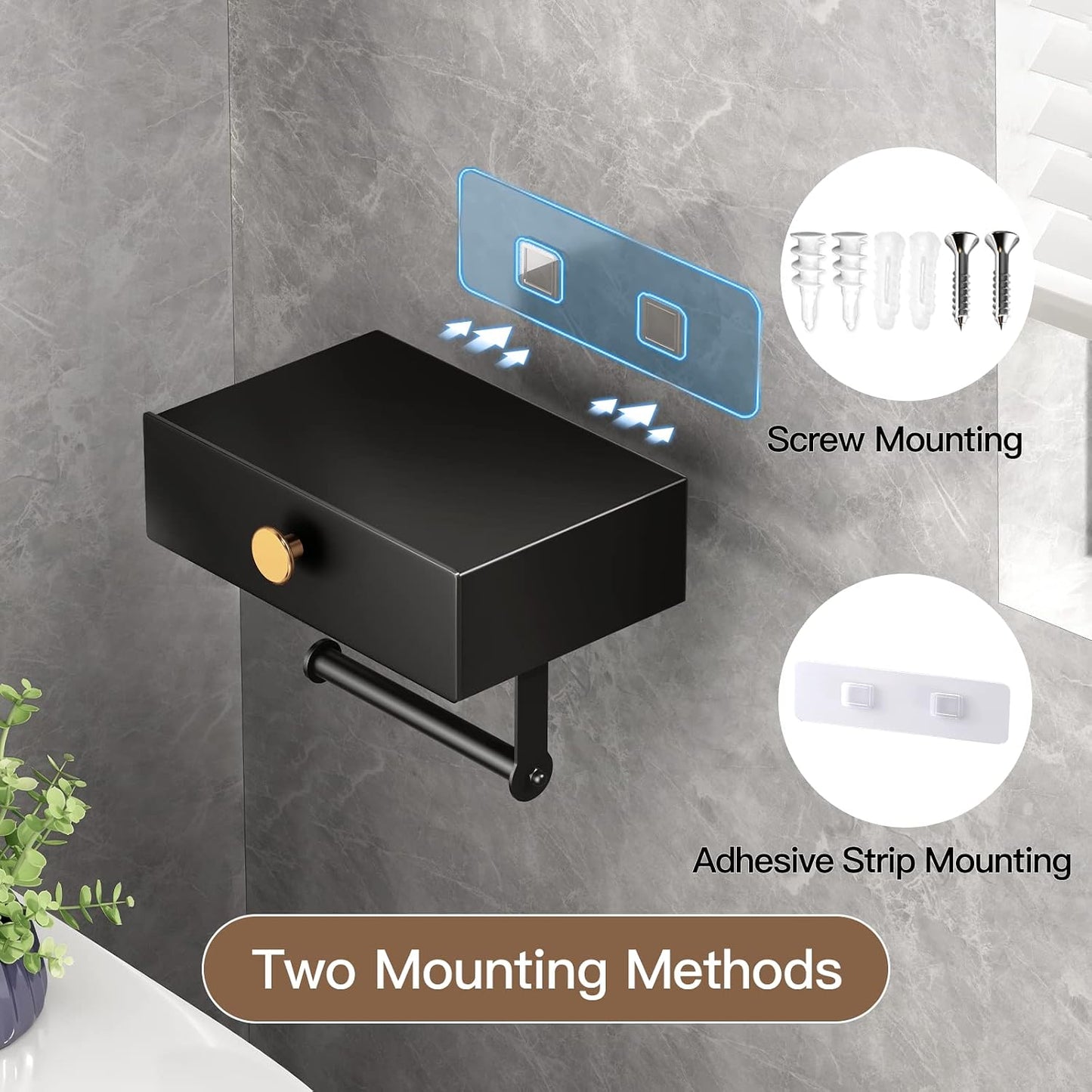 VOLDRA Toilet Paper Holder with Shelf Black Wipes Dispenser for Bathroom Stainless Steel Toilet Paper Holder with