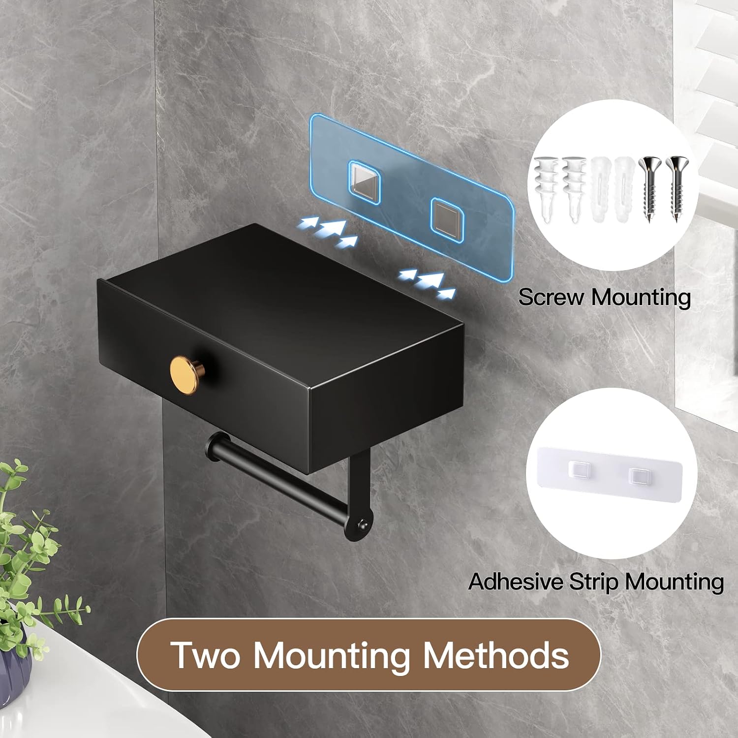 VOLDRA Toilet Paper Holder with Shelf Black Wipes Dispenser for Bathroom Stainless Steel Toilet Paper Holder with