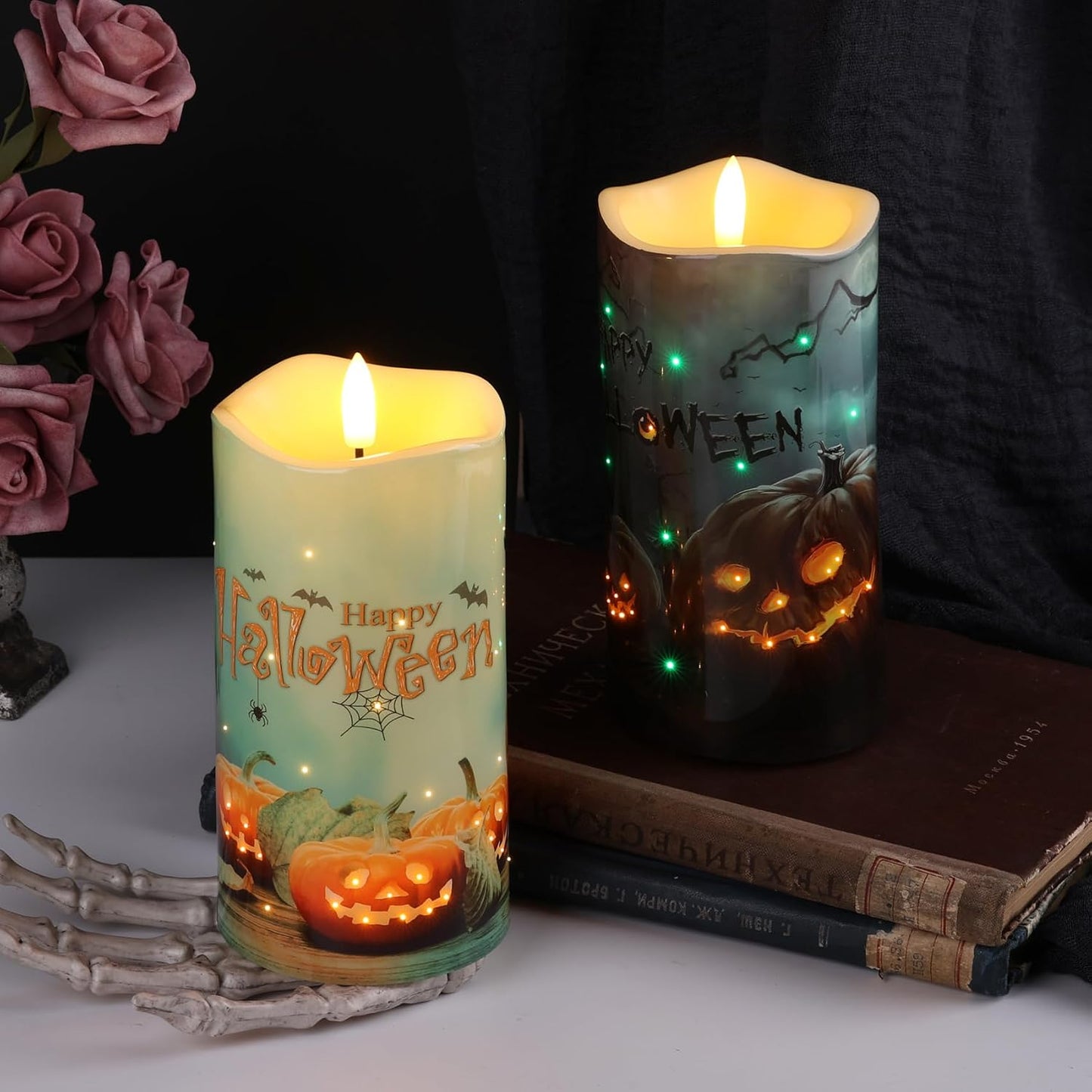 Halloween Pumpkin Fiber Optic Flameless Pillar Candles with Remote | Flickering Spooky LED Candles Set of 2, 3 AA