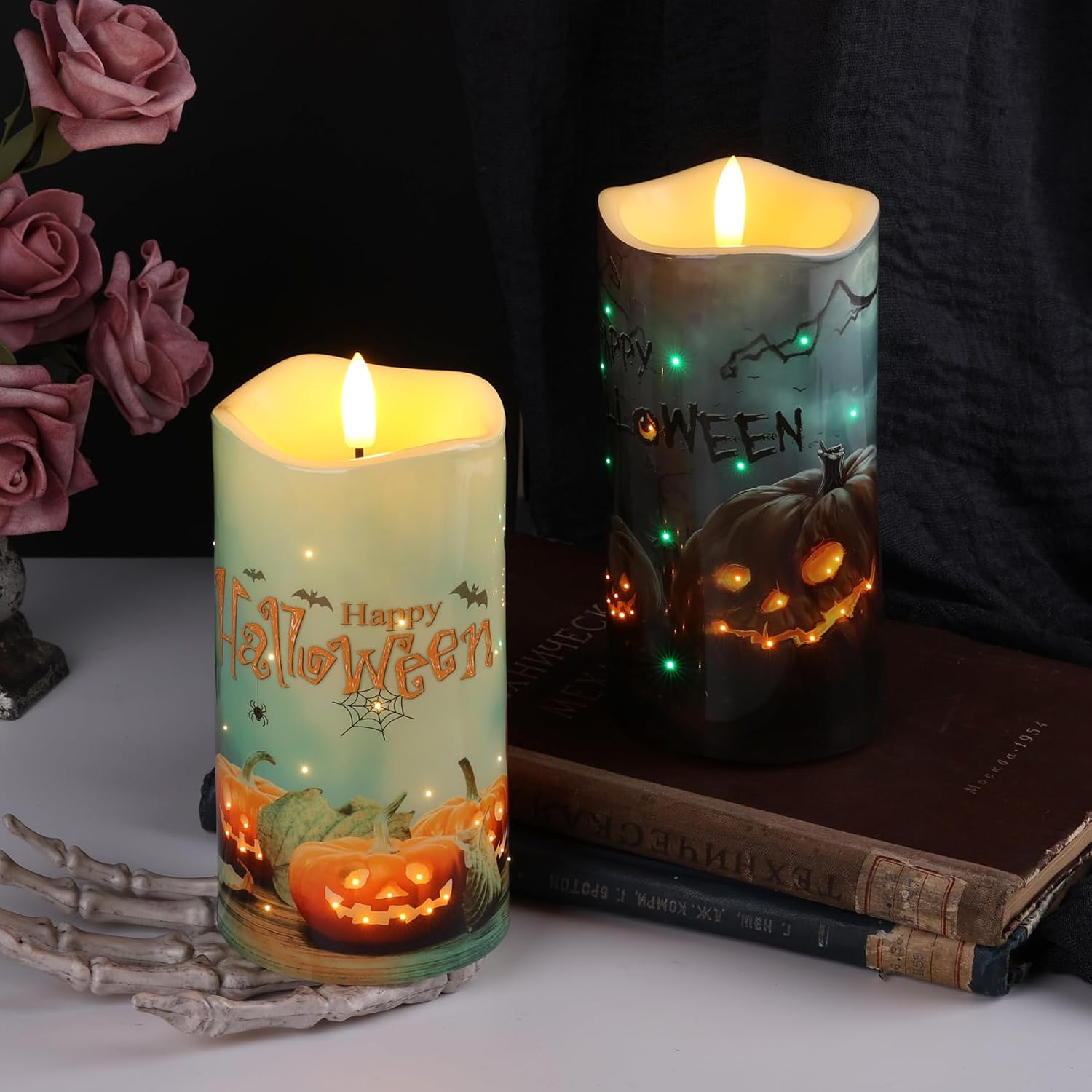 Halloween Pumpkin Fiber Optic Flameless Pillar Candles with Remote | Flickering Spooky LED Candles Set of 2, 3 AA