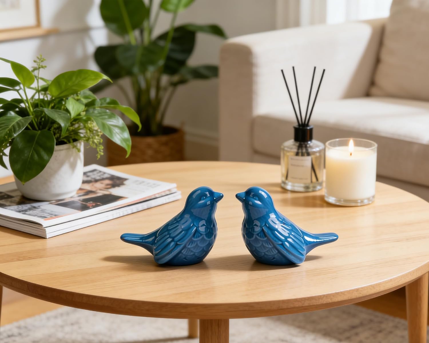 Ceramic Bird Figurines / Blue / 3.75 Inch / Set of 2