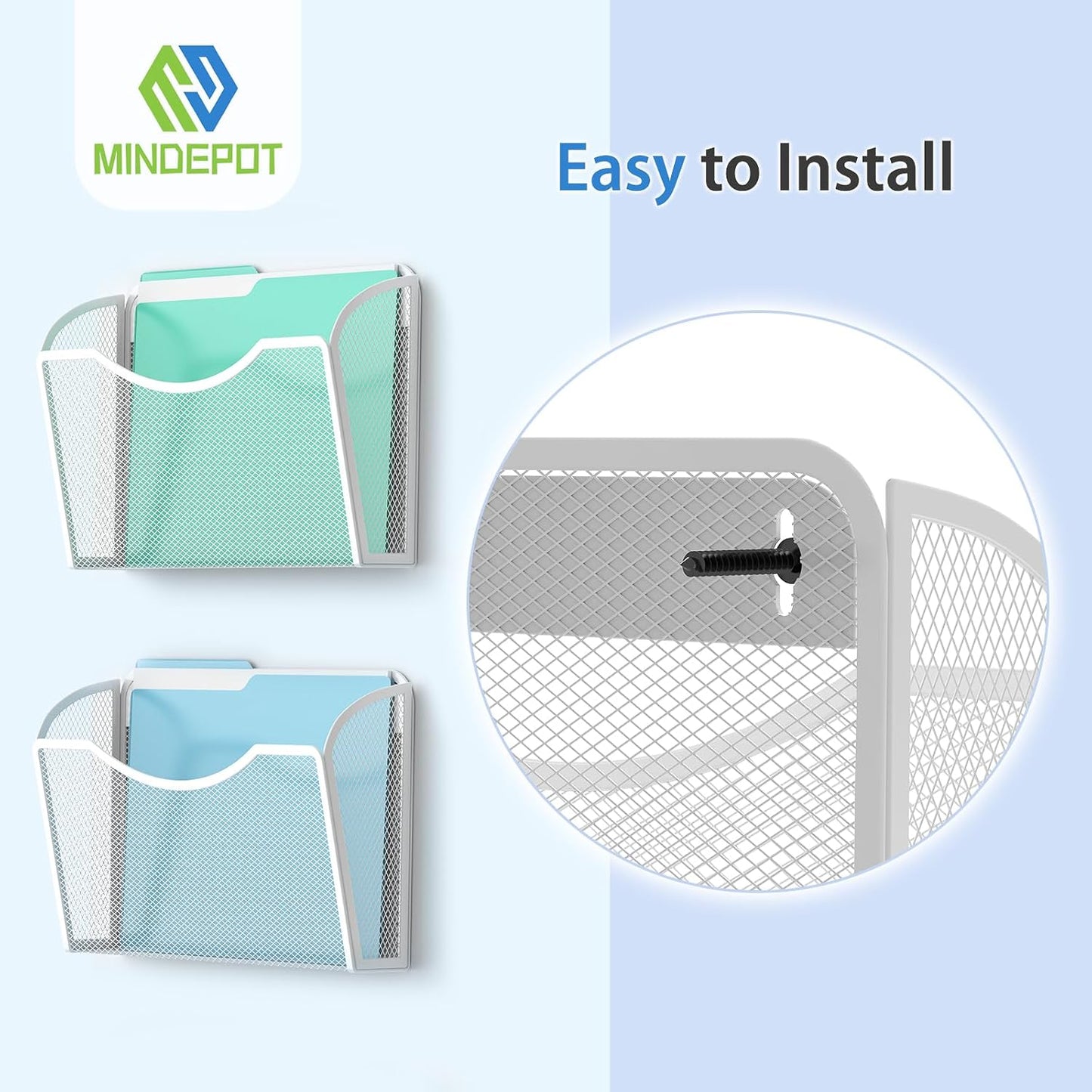 MINDEPOT Wall File Organizer, Hanging Wall File Holder, 6 Pack, Black | Heavy Duty Iron, Metal Mesh Wall Mount, Single